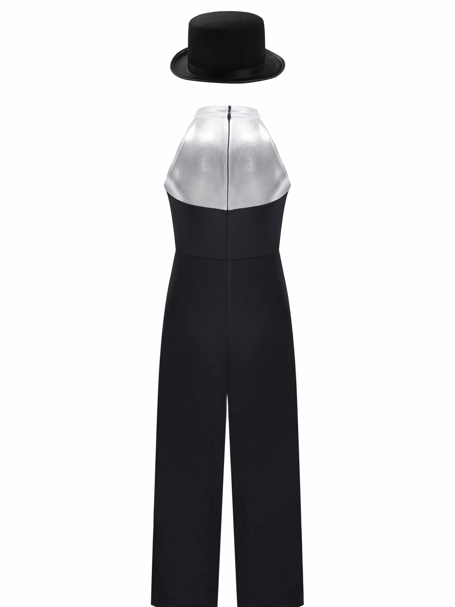 Hedmy Traje de Baile Latino Jazz para Niñas Mono de Pierna Ancha Pantalón de Baile de Patchwork Metálico con Sombrero Ropa de Baile Claqué 5-16 Años