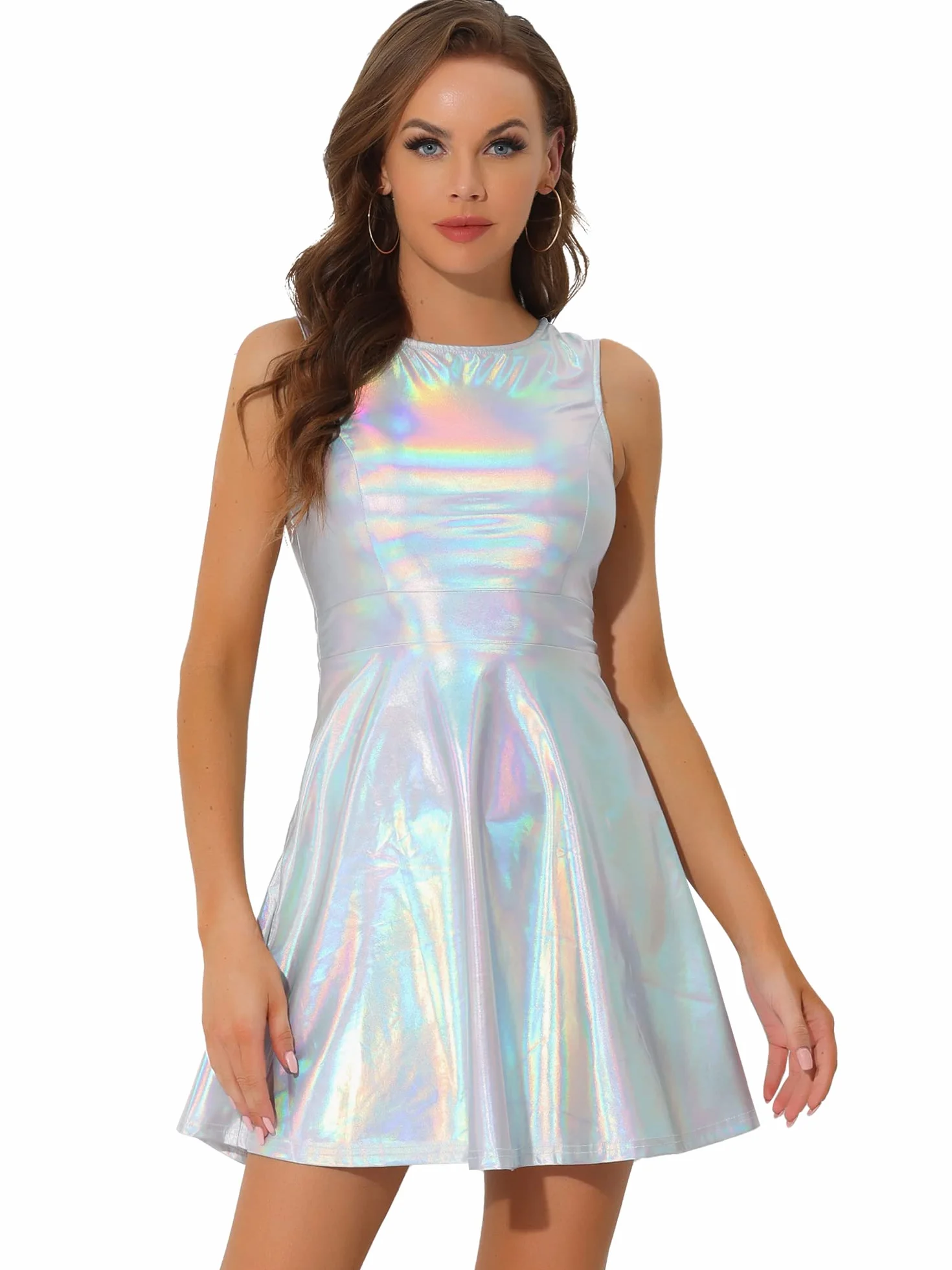 Allegra K Vestido Acampanado Holográfico Mujer Cintura Alta Cuello Redondo Sin Mangas Brillante Metálico Clubwear