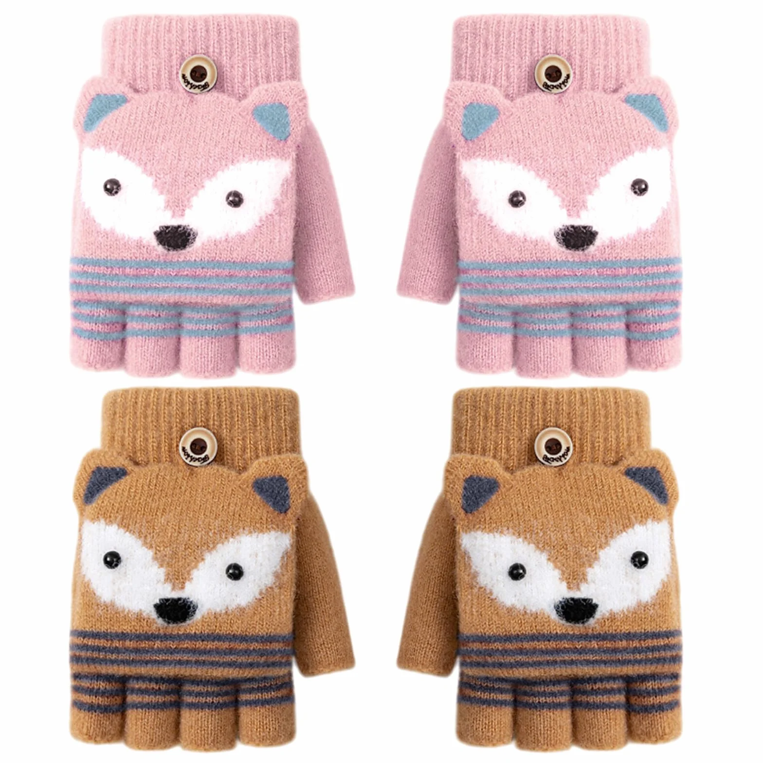 2 Pares Guantes para Niños sin Dedos, Guantes de Invierno para Niños, Cute Guantes Cálidos Convertibles con Tapa Abatible Suaves para Niñas y Niños de 3 a 9 Años