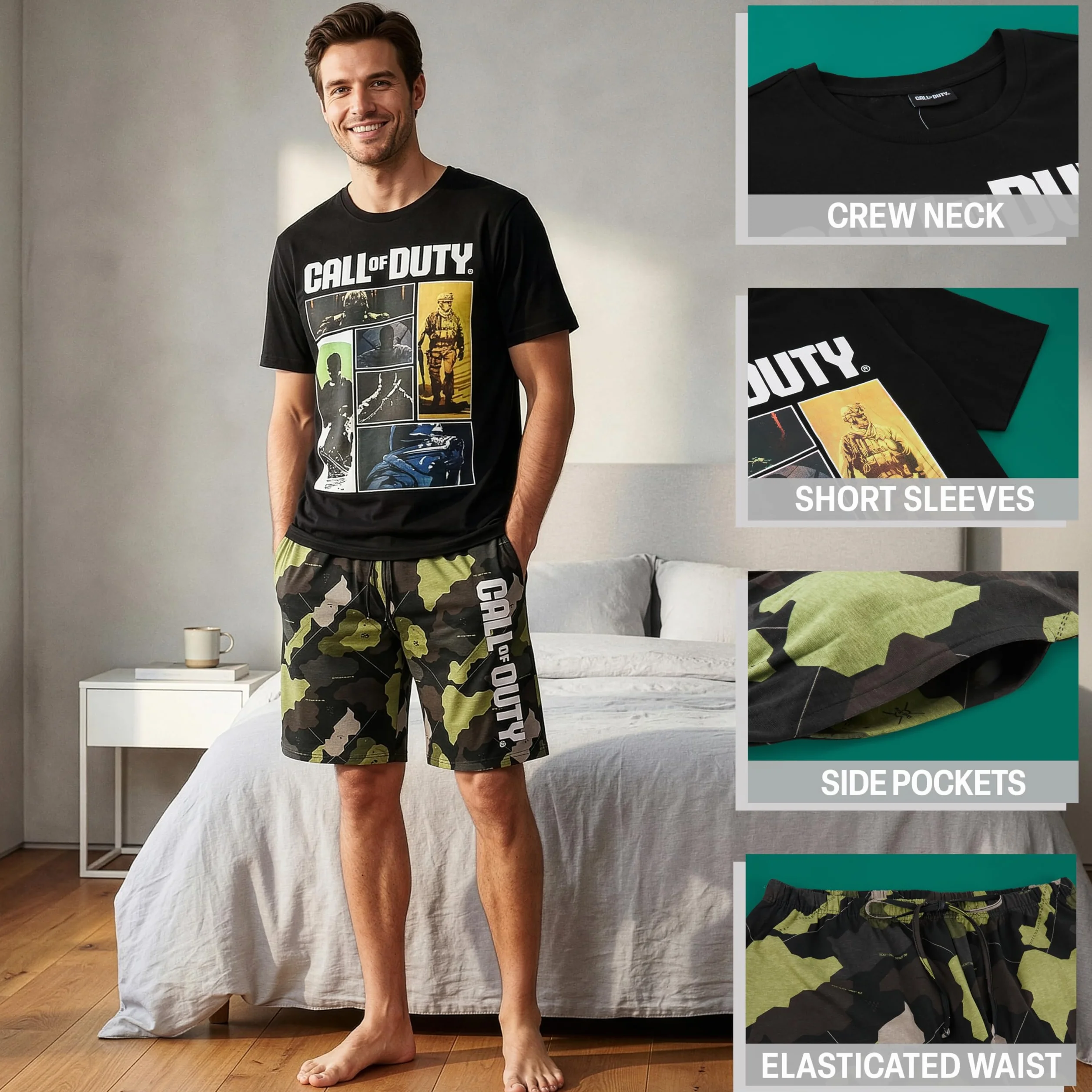 Get Trend Call of Duty Pijama Hombre S-3XL, Conjunto Verano Hombre 2 Piezas, Camiseta Manga Corta y Pantalón Corto Algodón, Ropa de Dormir, Regalo Gamer