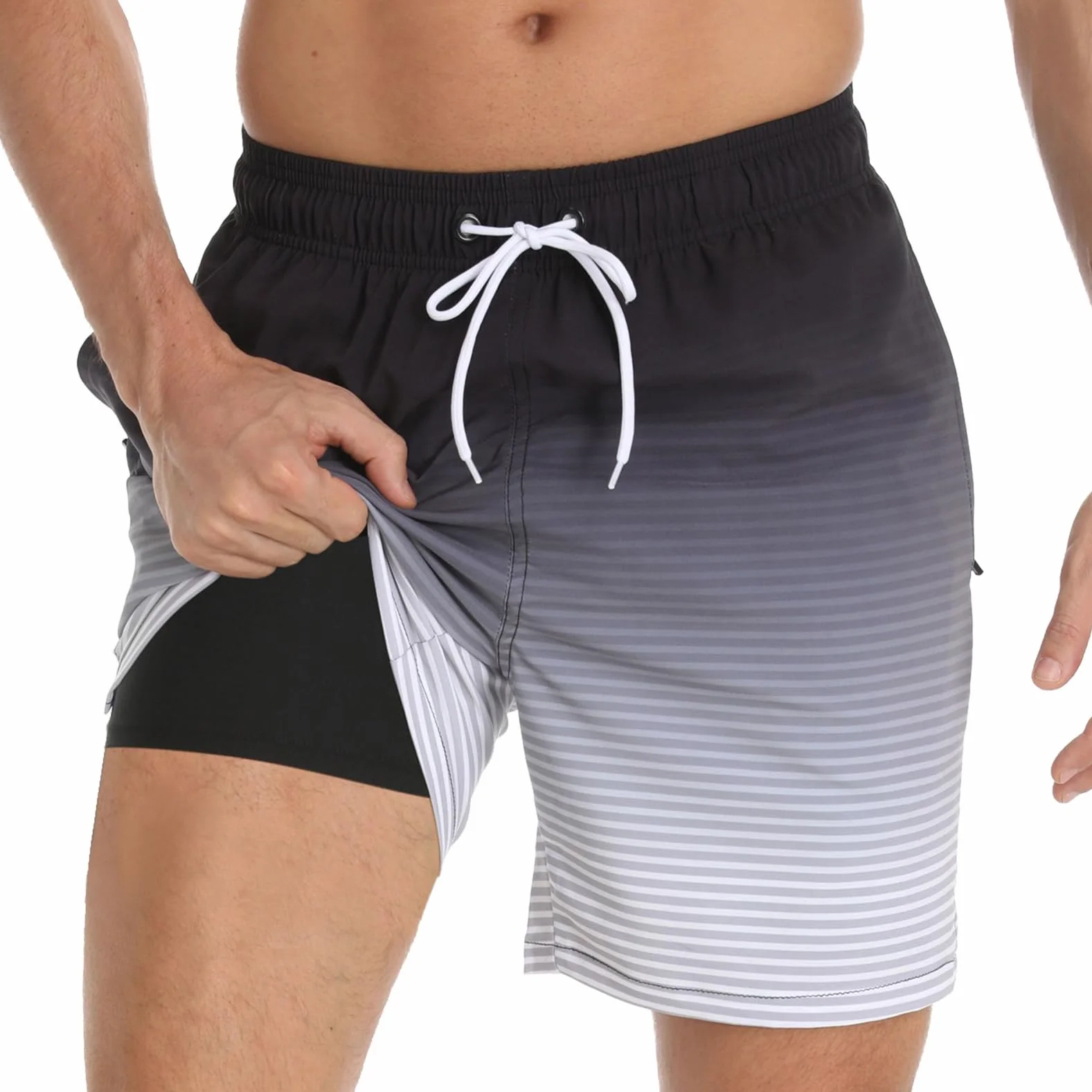 Bañador Hombre Shorts de Baño 2 en 1 con Forro de Compresión Pantalones Cortos de Natación Elásticos de Secado Rápido Shorts de Playa con 2 Bolsillos con Cremallera