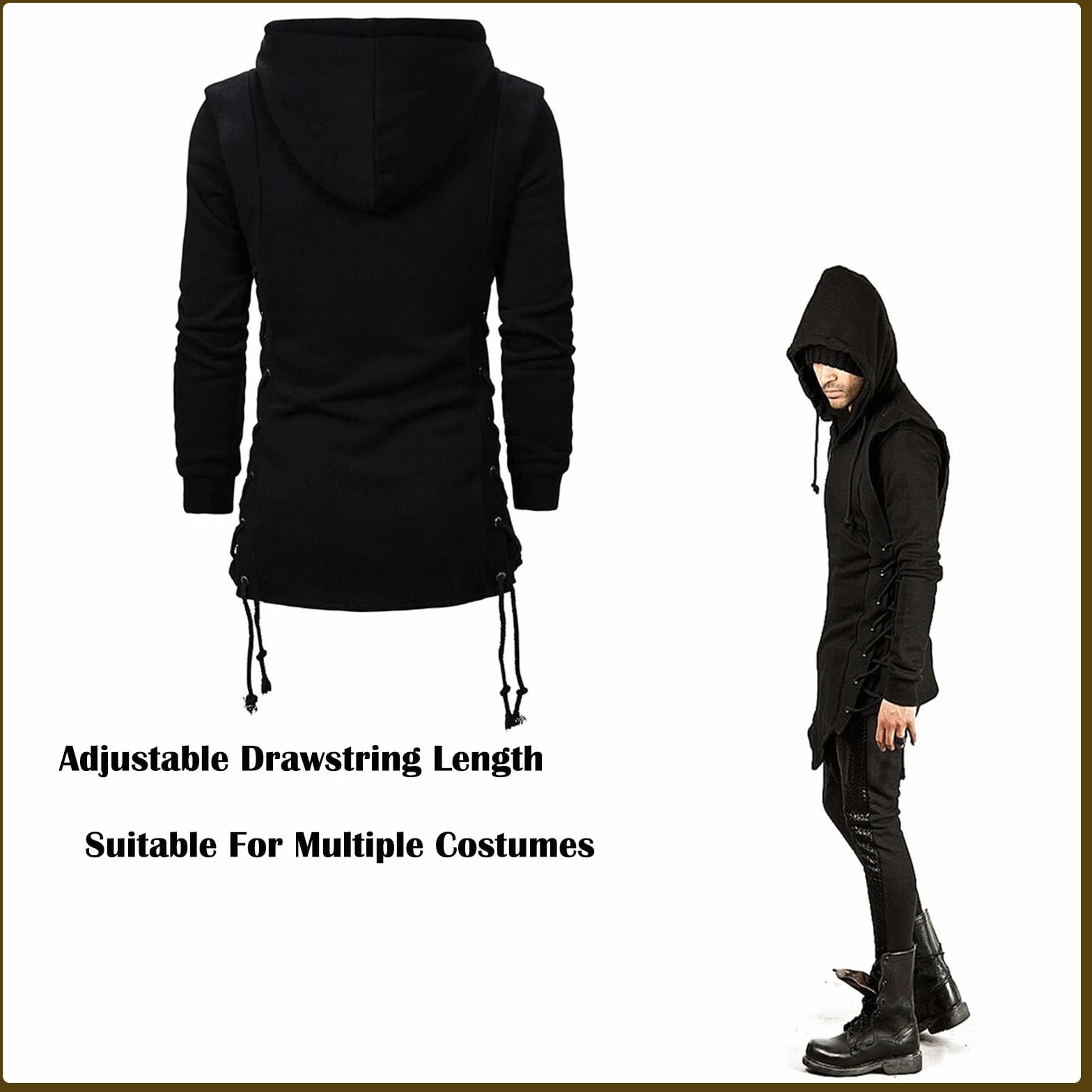 JMSUN Assassin - Sudadera con capucha para hombre, estilo gótico, asimétrico, cremallera lateral, con cordones laterales, forro polar