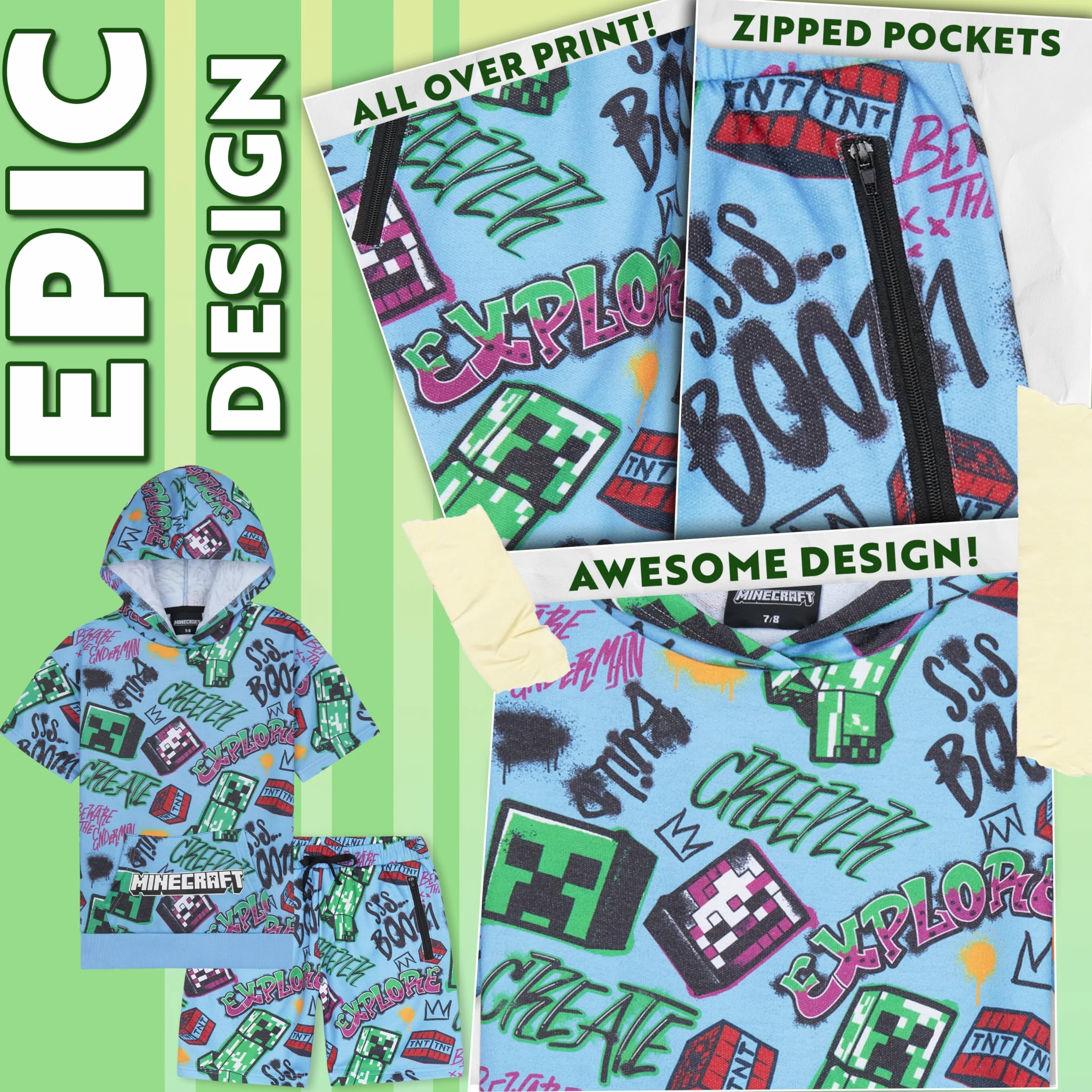 Minecraft Conjunto de 2 piezas de sudadera con capucha y pantalones cortos para niños y adolescentes, de manga corta, con capucha, bolsillos con cremallera, ropa deportiva casual