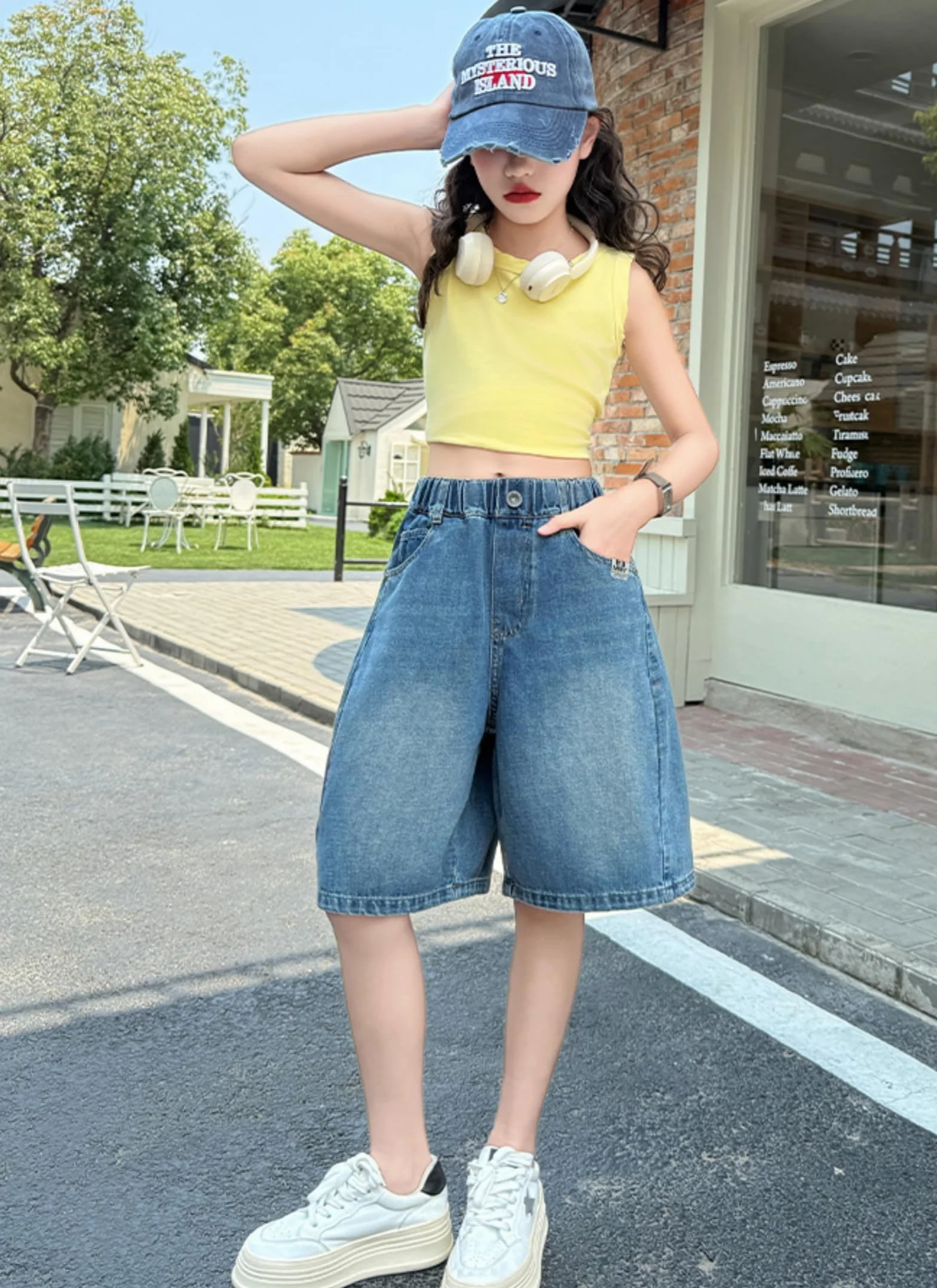 Rolanko Pantalones Cortos Vaqueros para Niñas, Cintura Elástica Bermudas Pierna Ancha Pantalones Cortos de Verano hasta La Rodilla