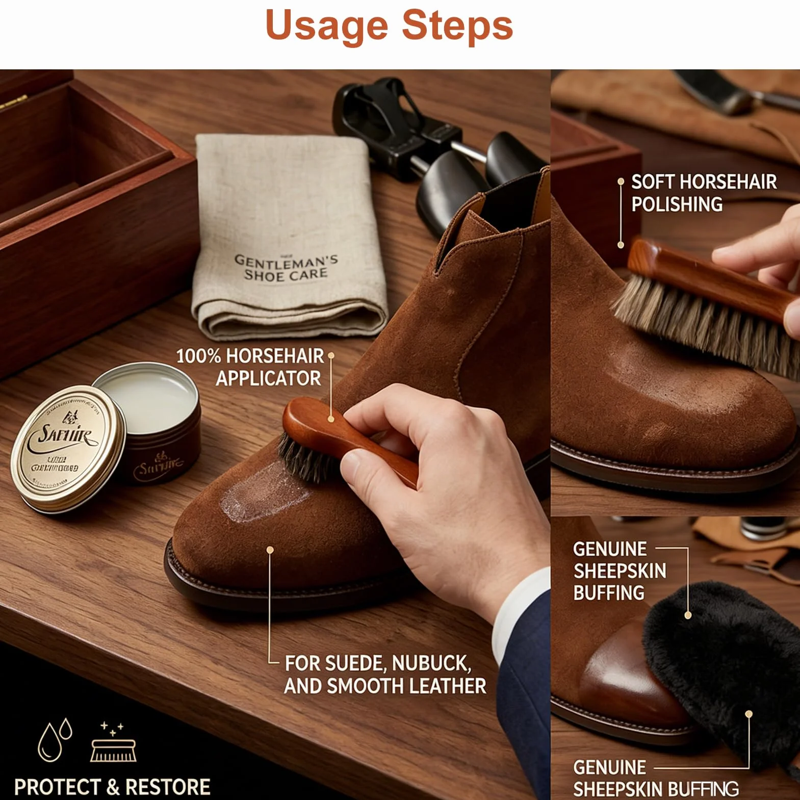 Kit Cuidado del Cuero 3 Piezas - Cepillos de Crin de Caballo Natural y Guante de Pulido - Set de Limpieza y Brillo para Zapatos, Botas, Bolsos y Asientos de Coche