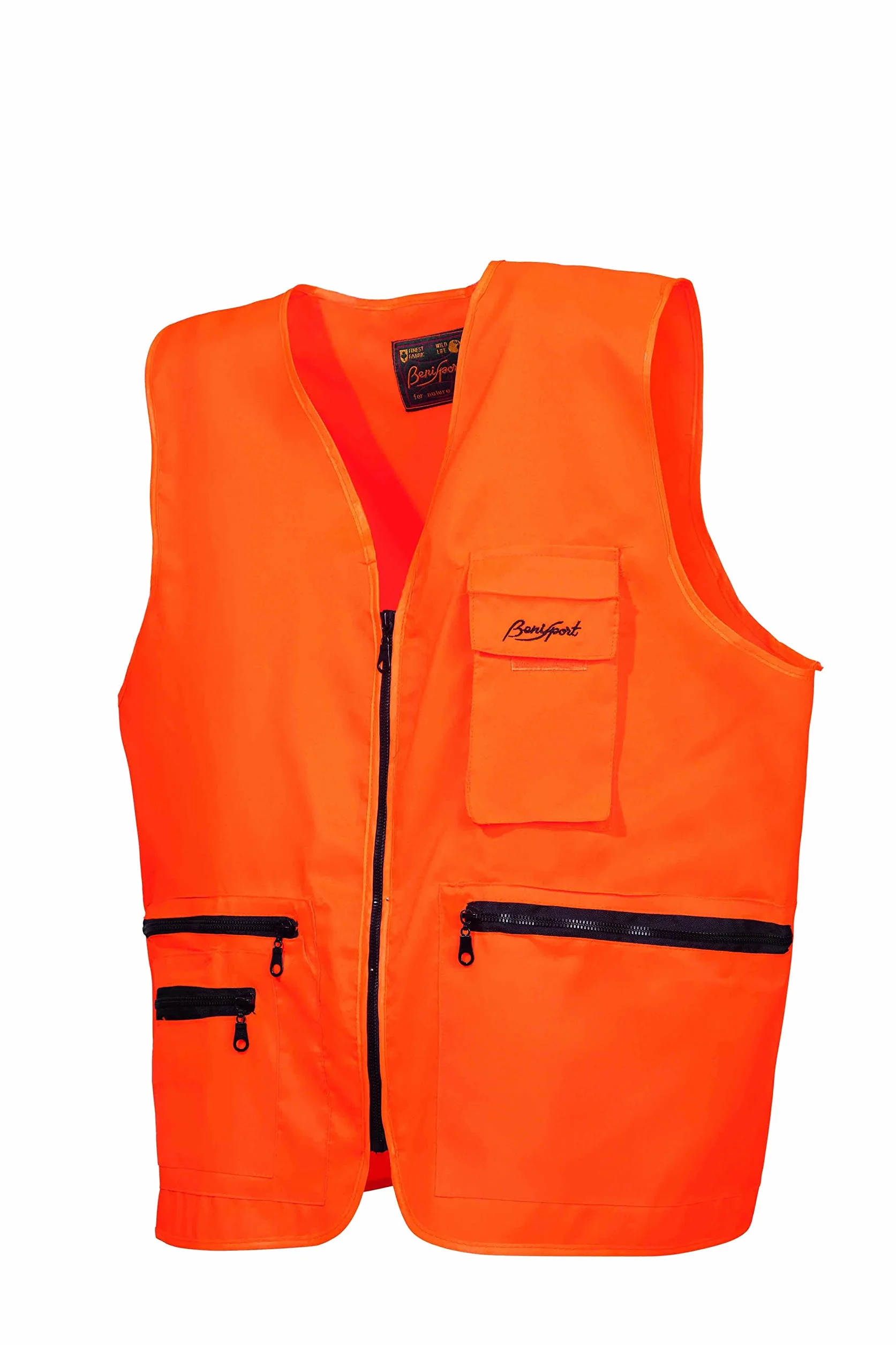 BENISPORT Chaleco naranja fluoresente - chaleco de alta visibilidad para caza - Homologado para caza mayor con bolsillo portablas