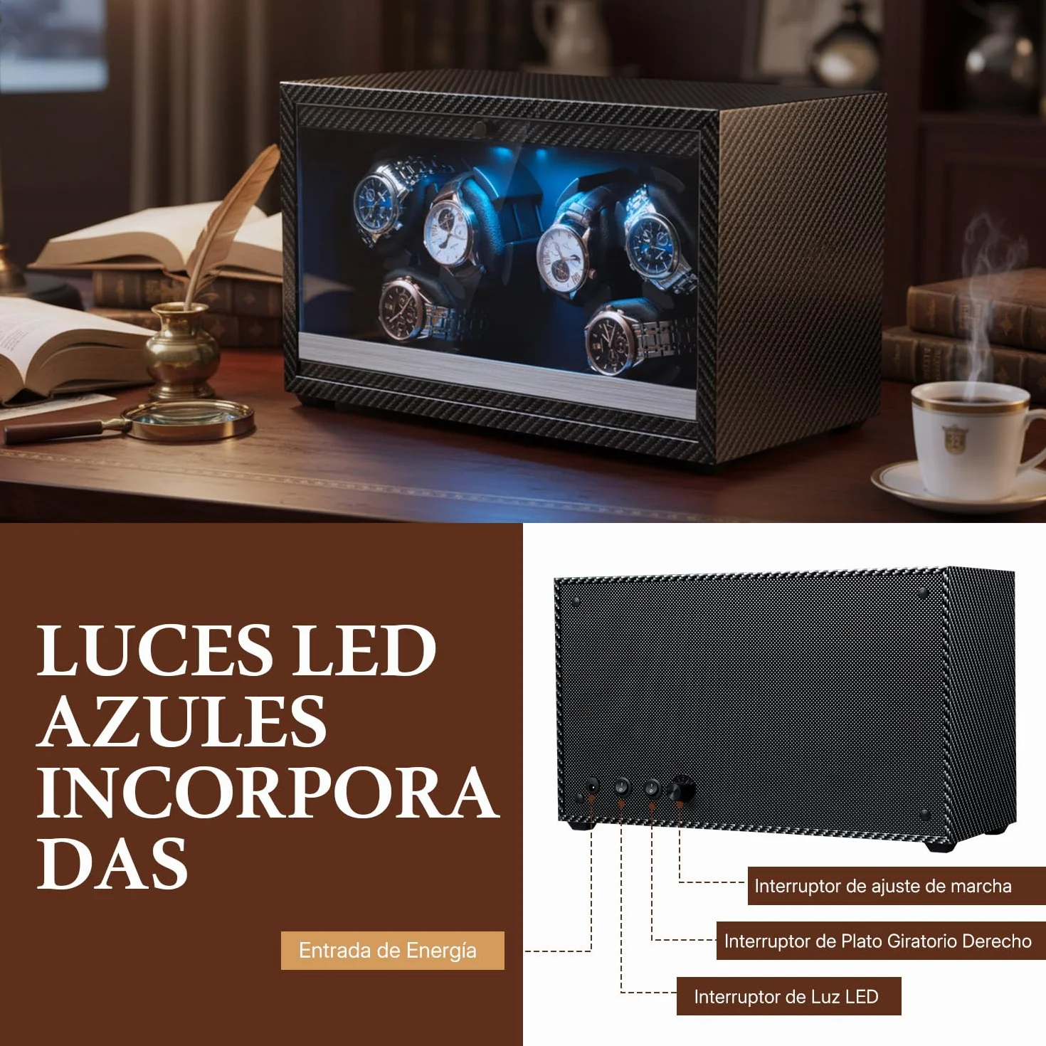 Mcbazel Enrollador Automático de Relojes para 6 Relojes con Luz LED, Motor Ultra-Silencioso Cajas Giratorias 4 Modos de Rotación, Alimentación USB DC Watch Winder de hasta 45 mm