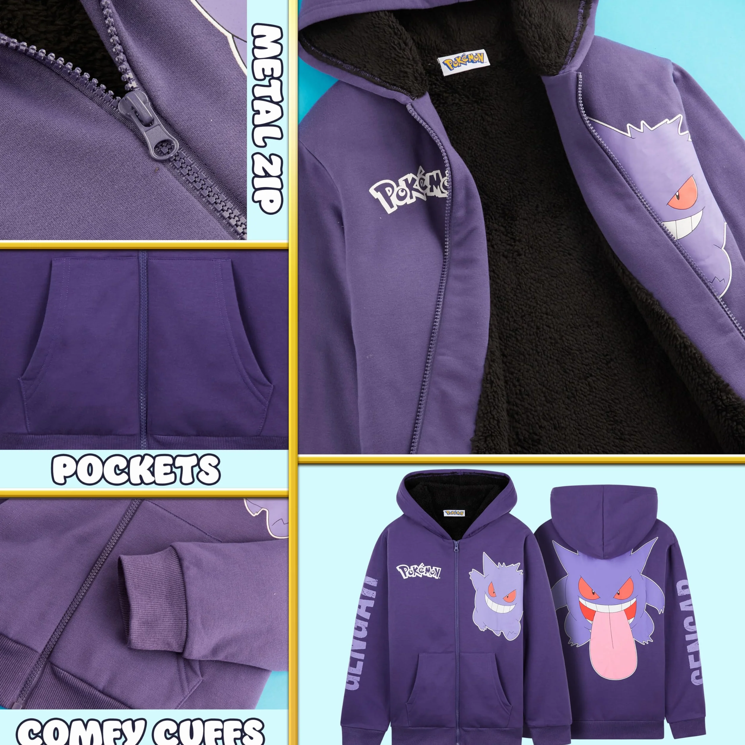 Pokémon Sudadera Cremallera Niños 7-14 Años, Pikachu Charizard Mewtwo Gengar, Chaqueta Capucha Forro Polar, Regalos Anime