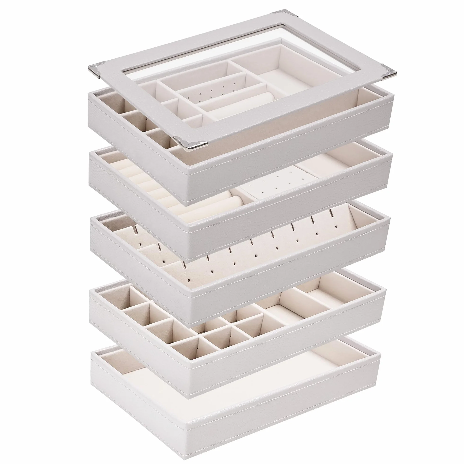 Bandeja organizadora de joyas apilable de 5 capas con tapa transparente, bandeja de exhibición de joyas para cajón, joyero grande para tocador (gris claro, Cinco capas de tapa de separación)