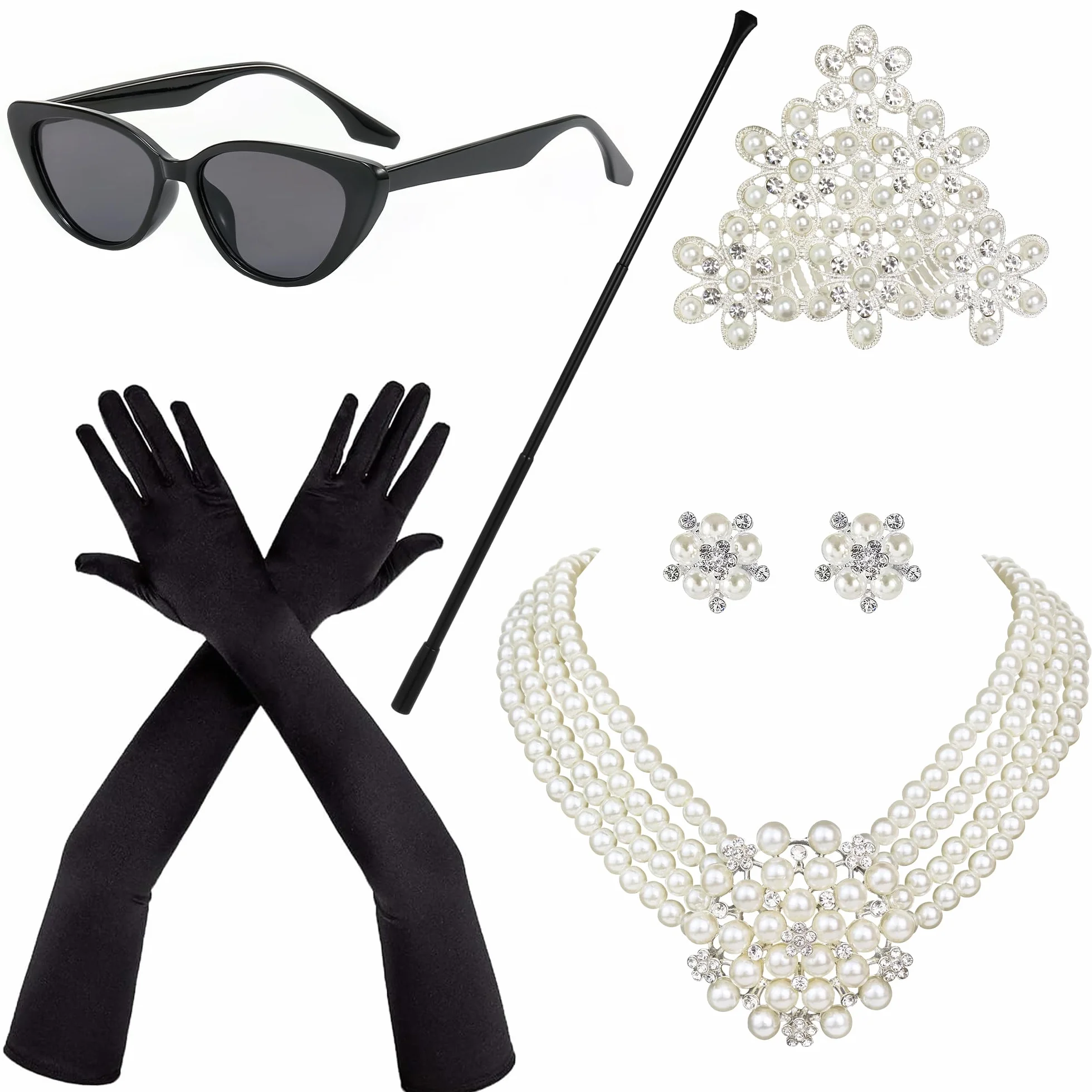 Horolam 6 accesorios de los años 20, accesorios retro de los años 20 para mujer, collar de perlas, aretes, soporte para cigarrillos, guantes, gafas de sol
