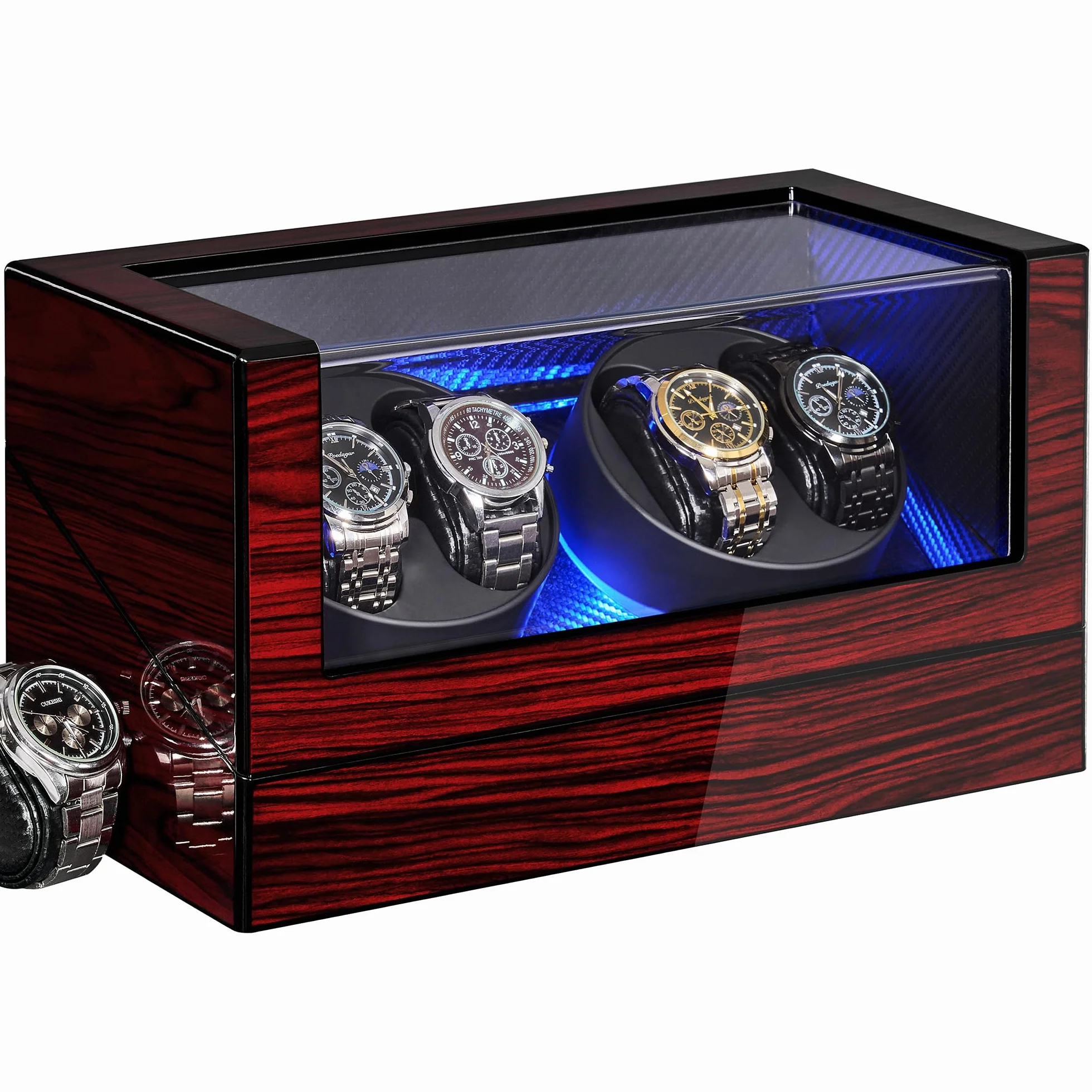 ANWBROAD Caja giratoria automática para relojes con iluminación LED, rotación automática para relojes automáticos, 4 rotadores con motor supersilencioso y 4 modos de rotación, JWW011Y