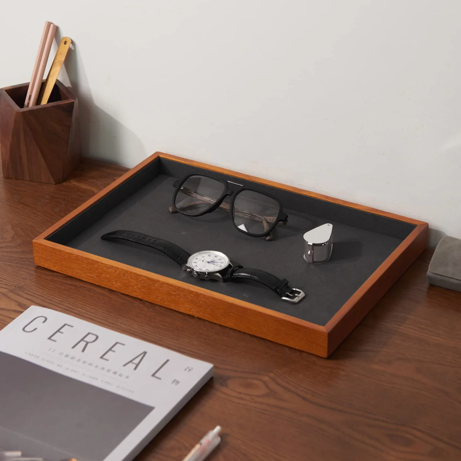 Oirlv Bandeja Plana De Madera Para Joyas, Anillos, Pulseras, Relojes, Llaves, Expositor (Gris)