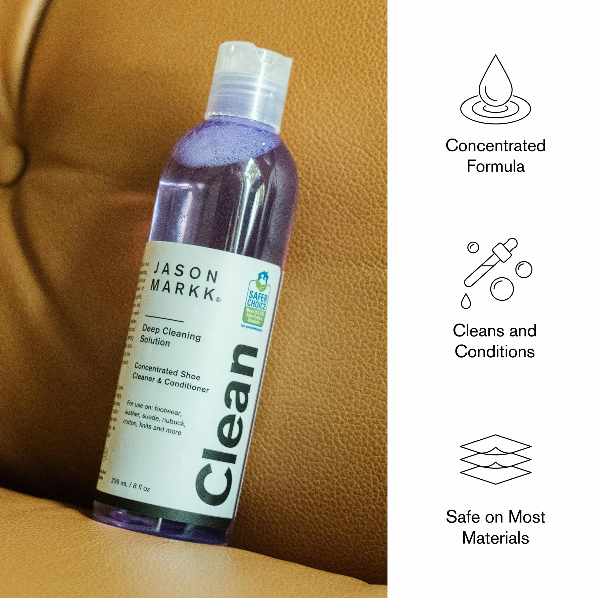 Jason Markk Solución de Limpieza Profunda, Limpiador de Zapatos, Cuidado de Entrenadores, Limpia y acondiciona, Ideal para Calzado, Seguro para Cuero, Gamuza, Nobuck, algodón, Puntos, 8 onzas