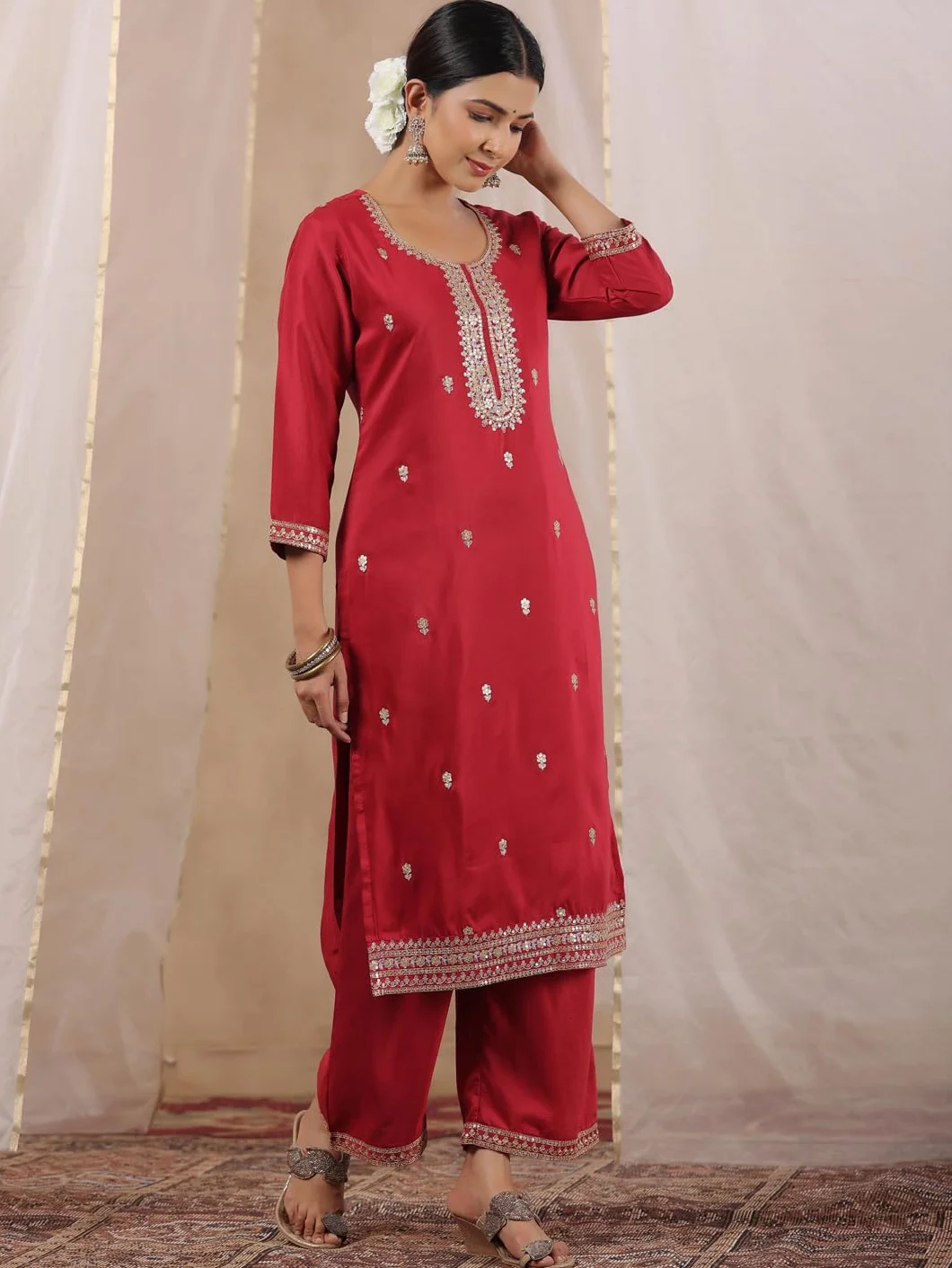 ishin Zari Work - Kurta recta para mujer, diseño étnico