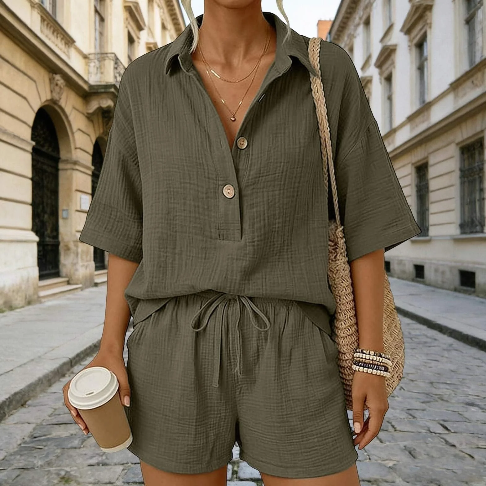 Genérico Conjuntos Mujer Verano Casual Dos Piezas Pantalon Cortos y Blusa Elegante Conjunto Lino Chándal Camisa Manga Corta Conjunto de Verano Ropa de Playa Chandal con Bolsillos