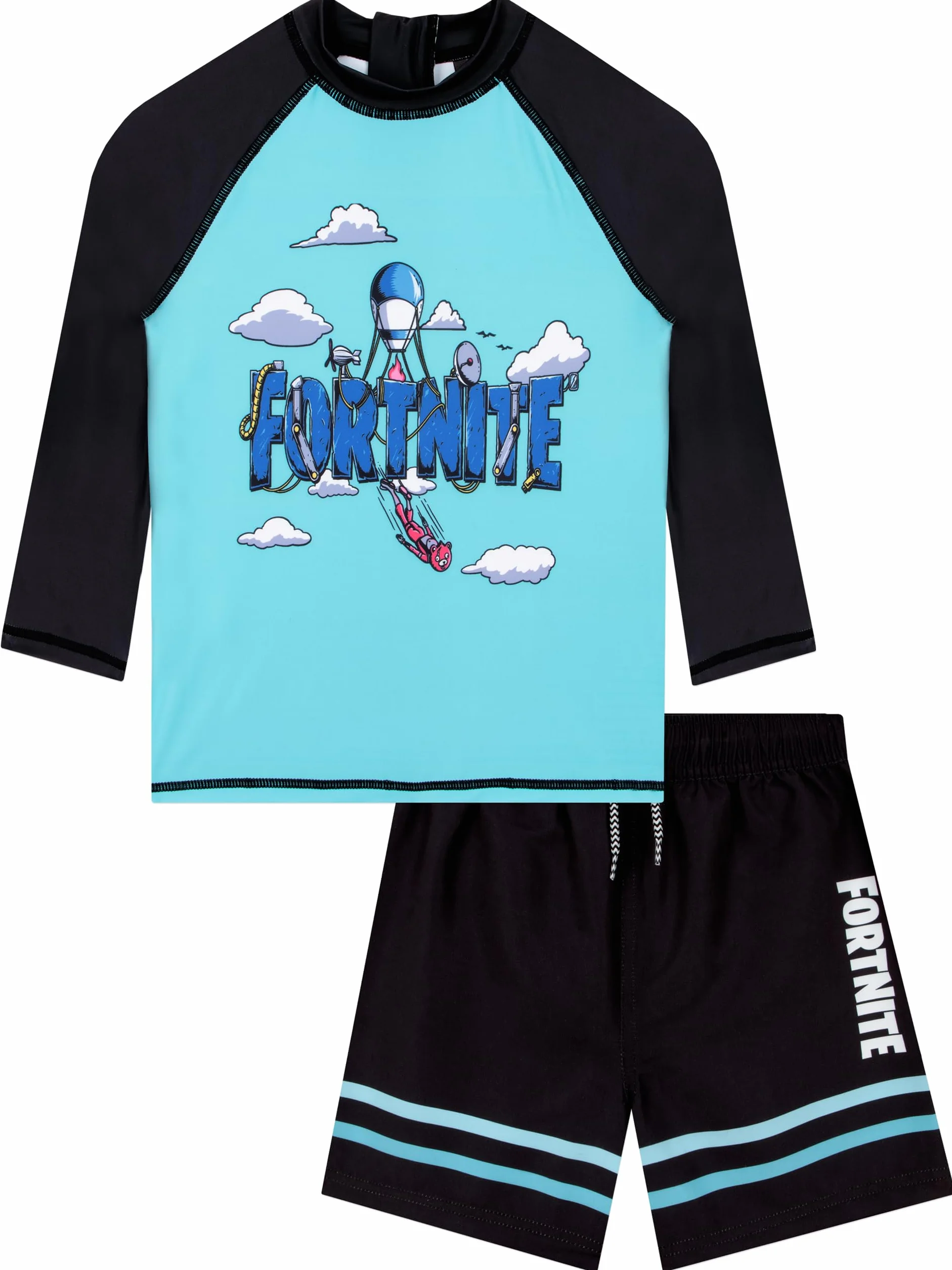 Fortnite Bañador Niño, Conjunto De Baño De Dos Piezas, Bañador Natacion Niño Manga Larga Azul Y Negro