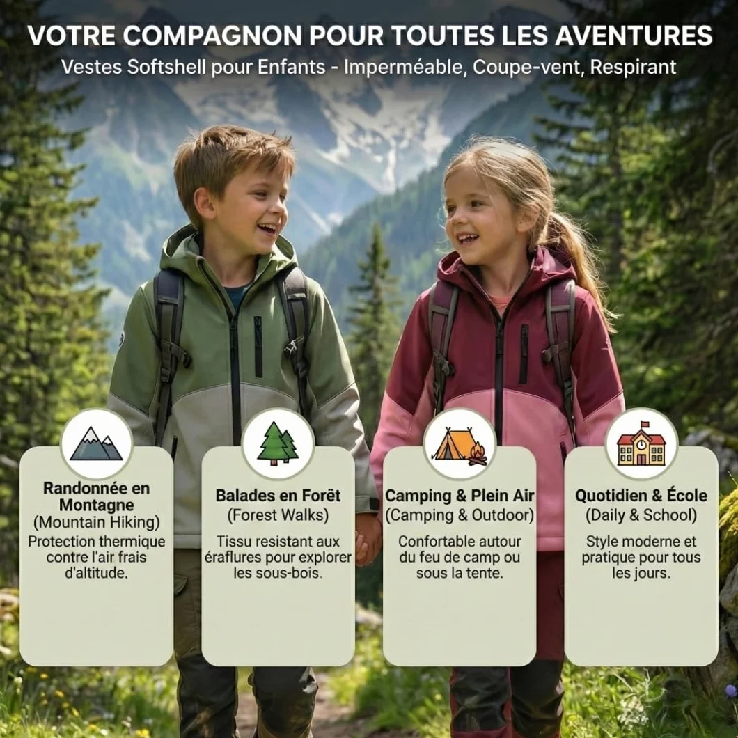 Chaqueta softshell cortavientos con capucha para niños y niñas, forro polar. Material impermeable de 5000 mm sin PFC minimizado de contaminación.