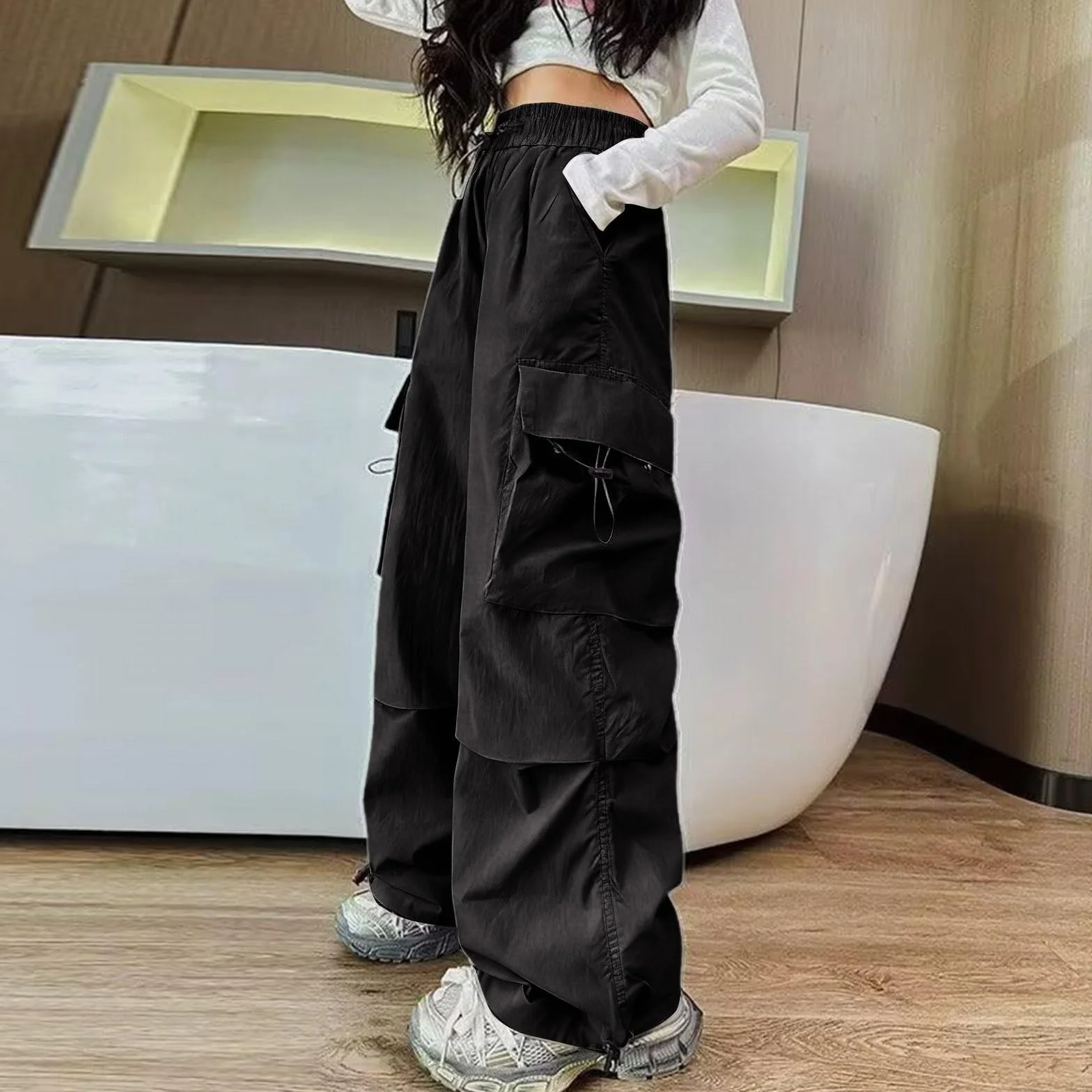 Pantalones cargo plisados para niñas, cintura elástica, rectos, holgados, de pierna ancha, pantalones deportivos para adolescentes