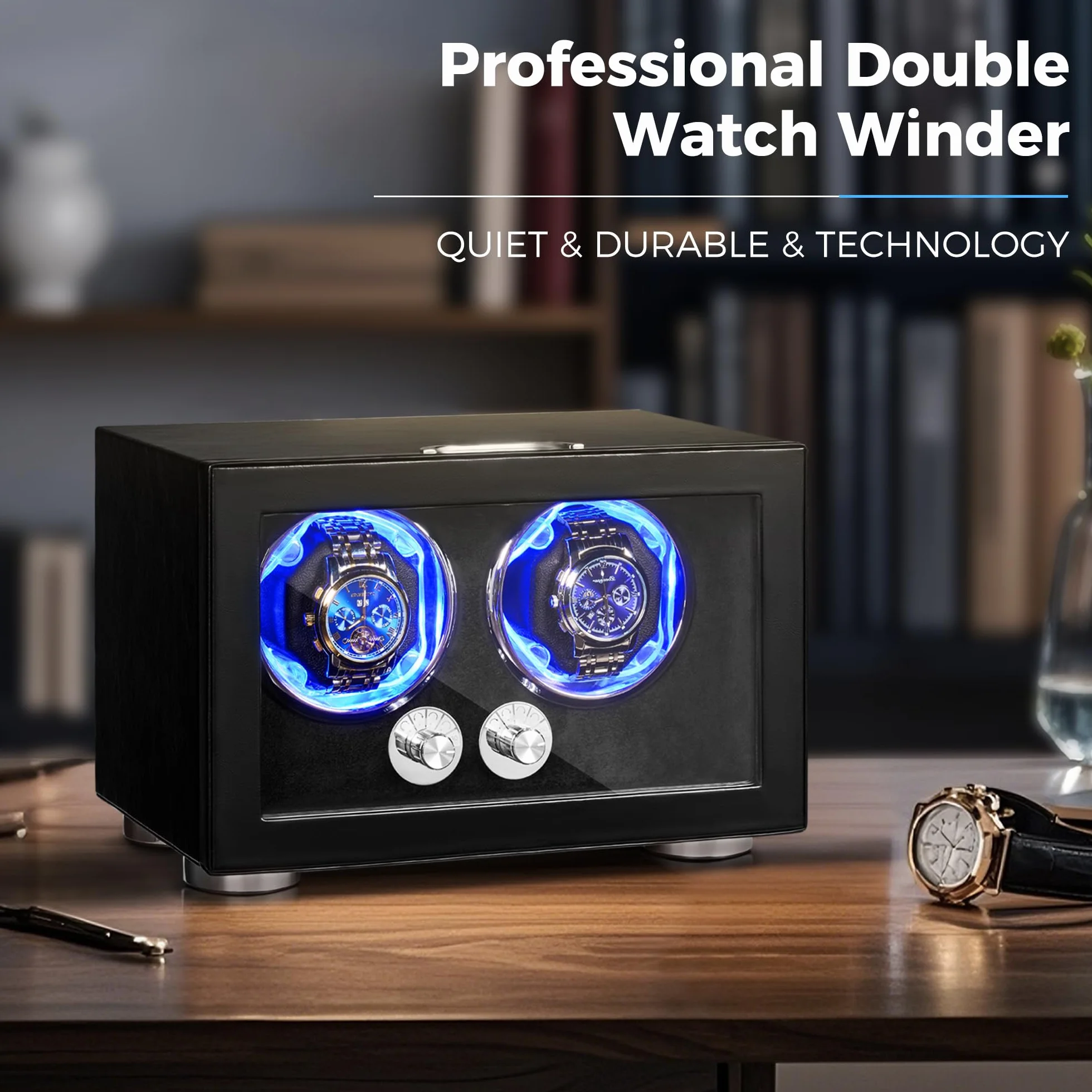 ANWBROAD Enrollador de relojes automáticos, rotador doble con LED y 4 modos, motor Mabuchi super silencioso, adaptador UJWW004B.