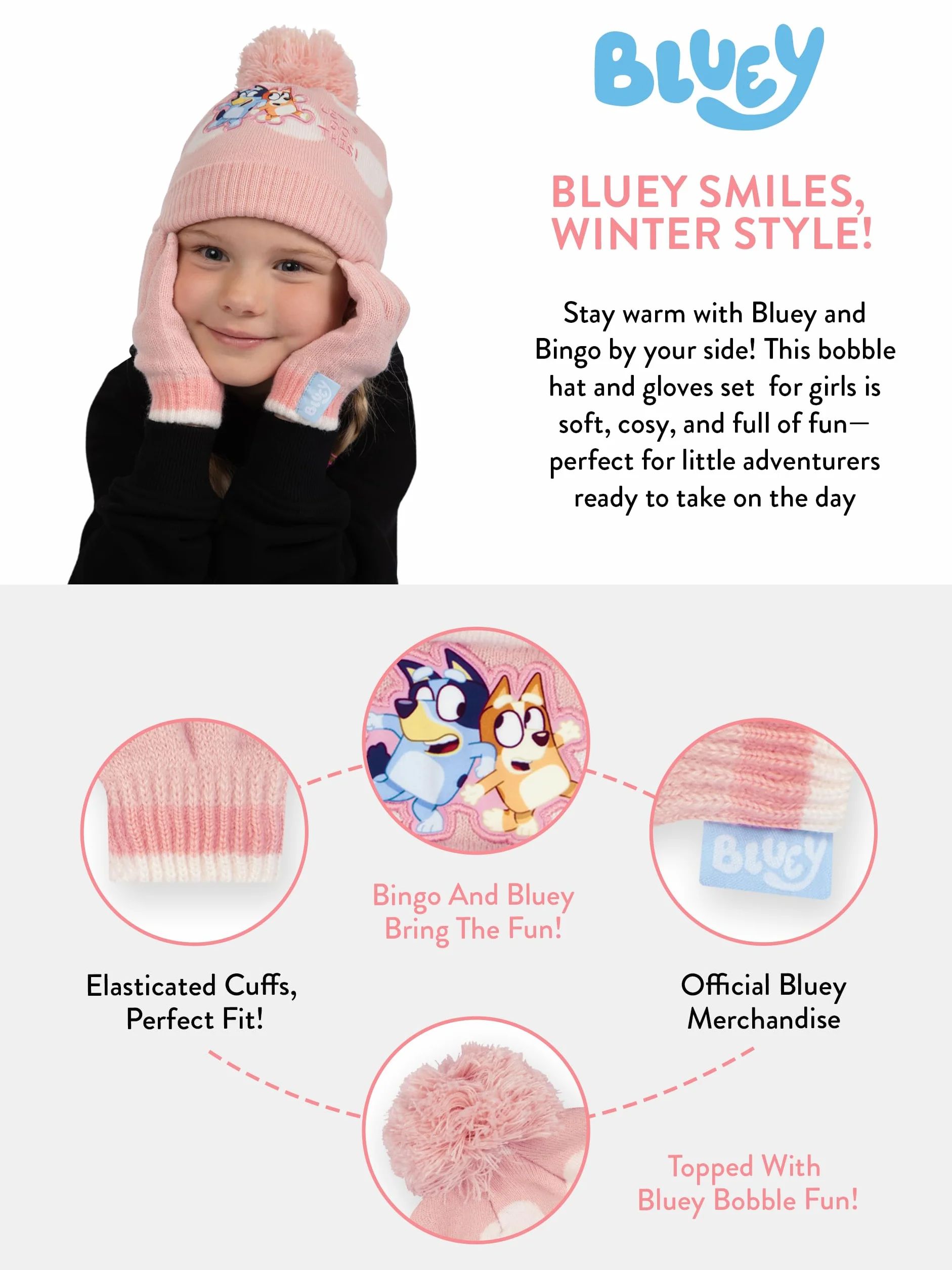 Bluey Gorra Bingo | Guantes Niña Invierno | Gorro Y Guantes | One Size Rosa