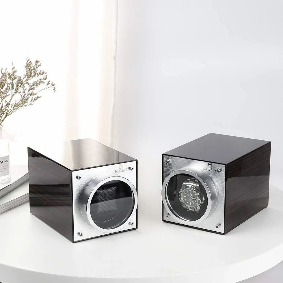 MOZSLY Cargador de reloj para relojes automáticos, alimentado por batería, adaptador AC con 12 modos de rotación, caja con motor silencioso, lacado piano