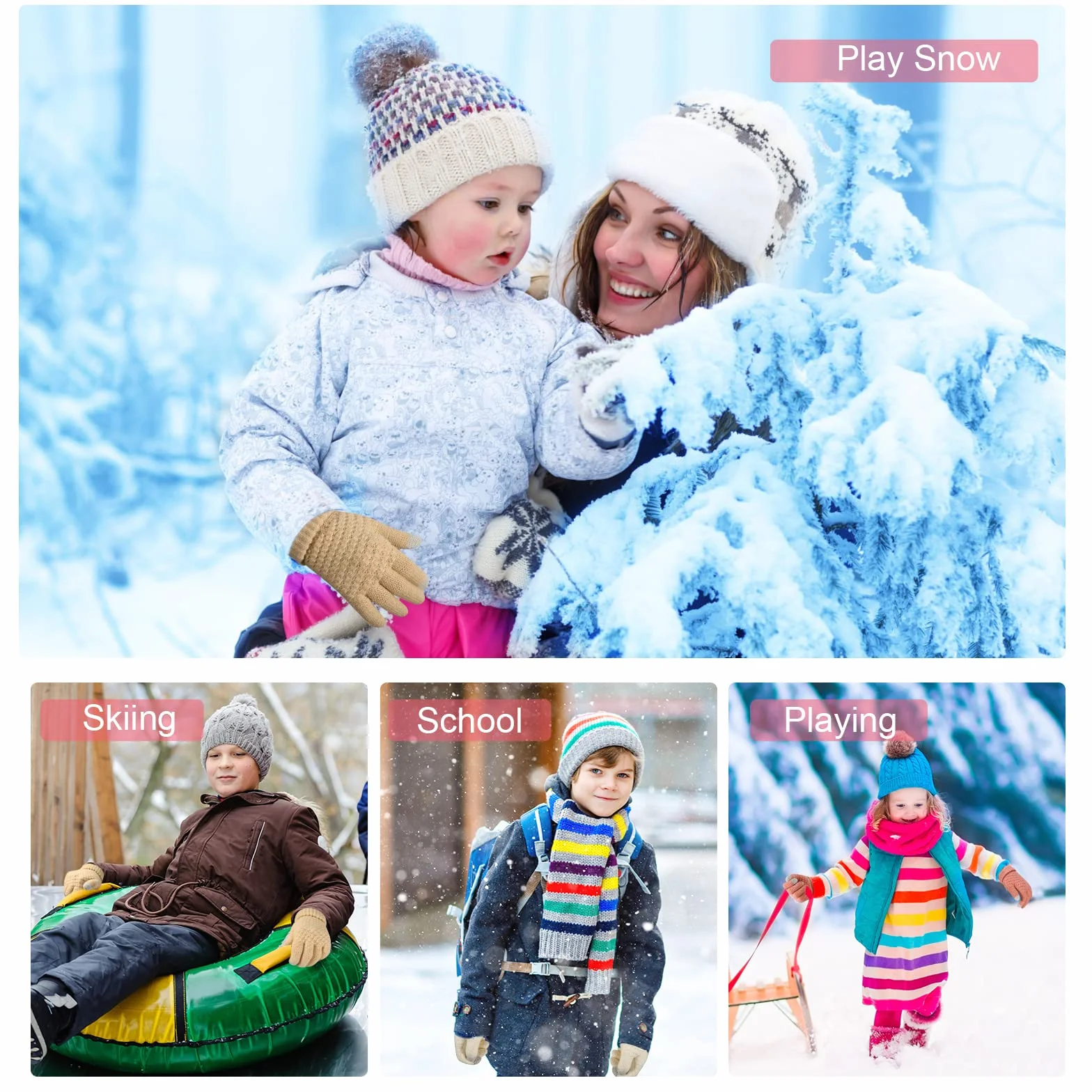 TAGVO Guantes de Punto para Niños Pequeños - 3 Pares de Invierno Con Dedos Completos para 5-15 Años - Elásticos Mitones