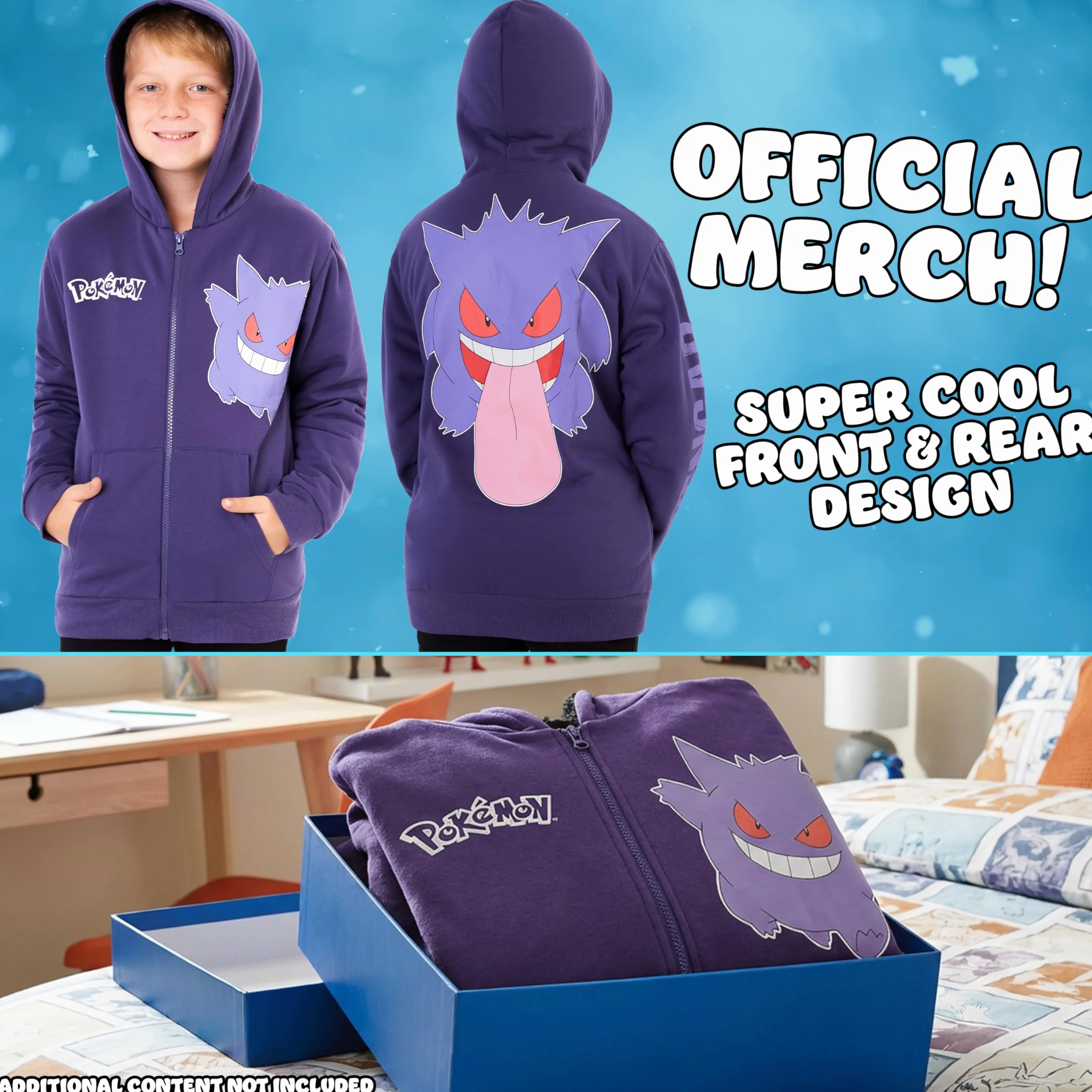 Pokémon Sudadera Cremallera Niños 7-14 Años, Pikachu Charizard Mewtwo Gengar, Chaqueta Capucha Forro Polar, Regalos Anime