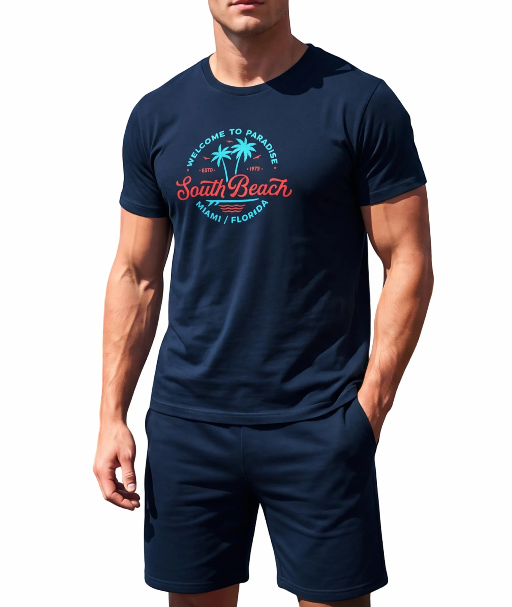 Bresdk Pijama Hombre Verano Corto Cuello Redondo Pijamas Algodón Estampado de Letras Camiseta Manga Corta y Pantalones Cortos 2 Piezas
