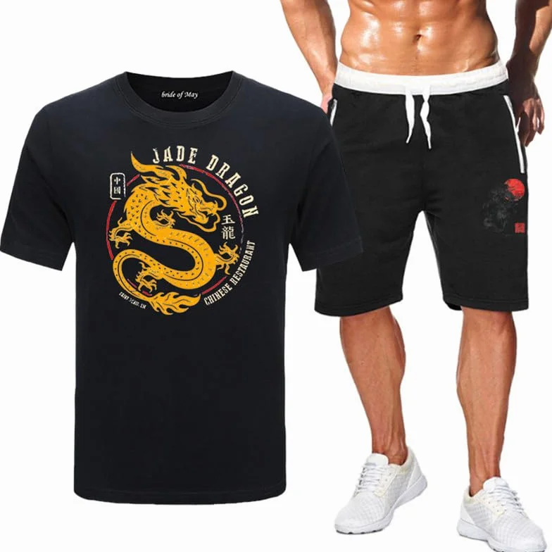 Chándal de Verano Dragon para Hombre Kung fu Estilo Chino Dragón Camiseta Impresa en 3D + Conjunto de Pantalones Cortos Chándal Conjunto de Dos Piezas