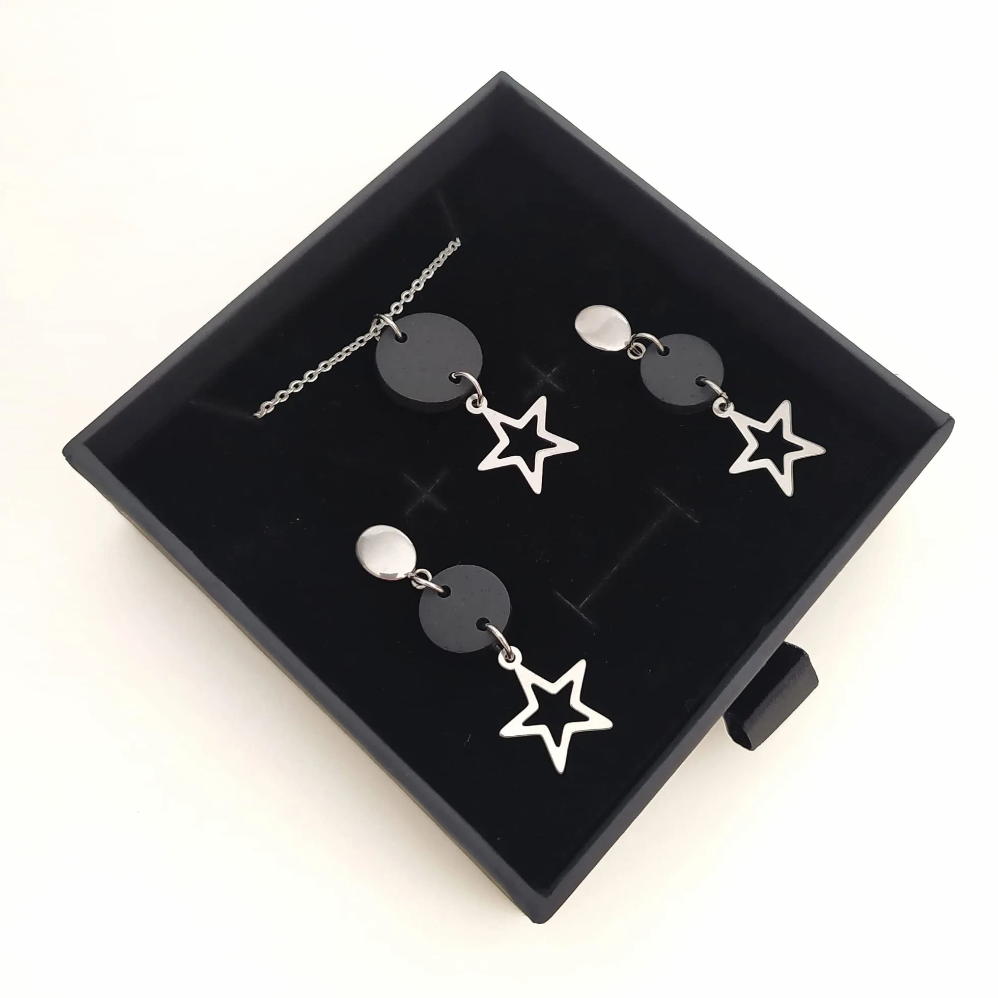 Pendientes estrella y Collar Estrella, Conjunto Estrella de collar y pendientes para mujer de acero inoxidable en color plata, Regalo original para Mujer