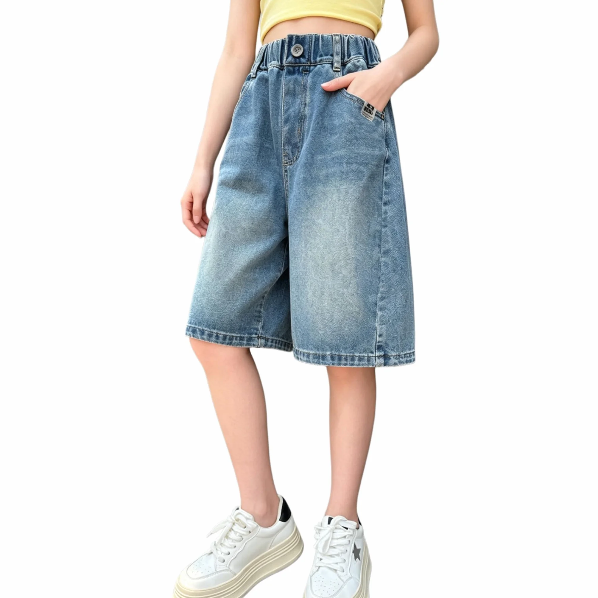 Rolanko Pantalones Cortos Vaqueros para Niñas, Cintura Elástica Bermudas Pierna Ancha Pantalones Cortos de Verano hasta La Rodilla