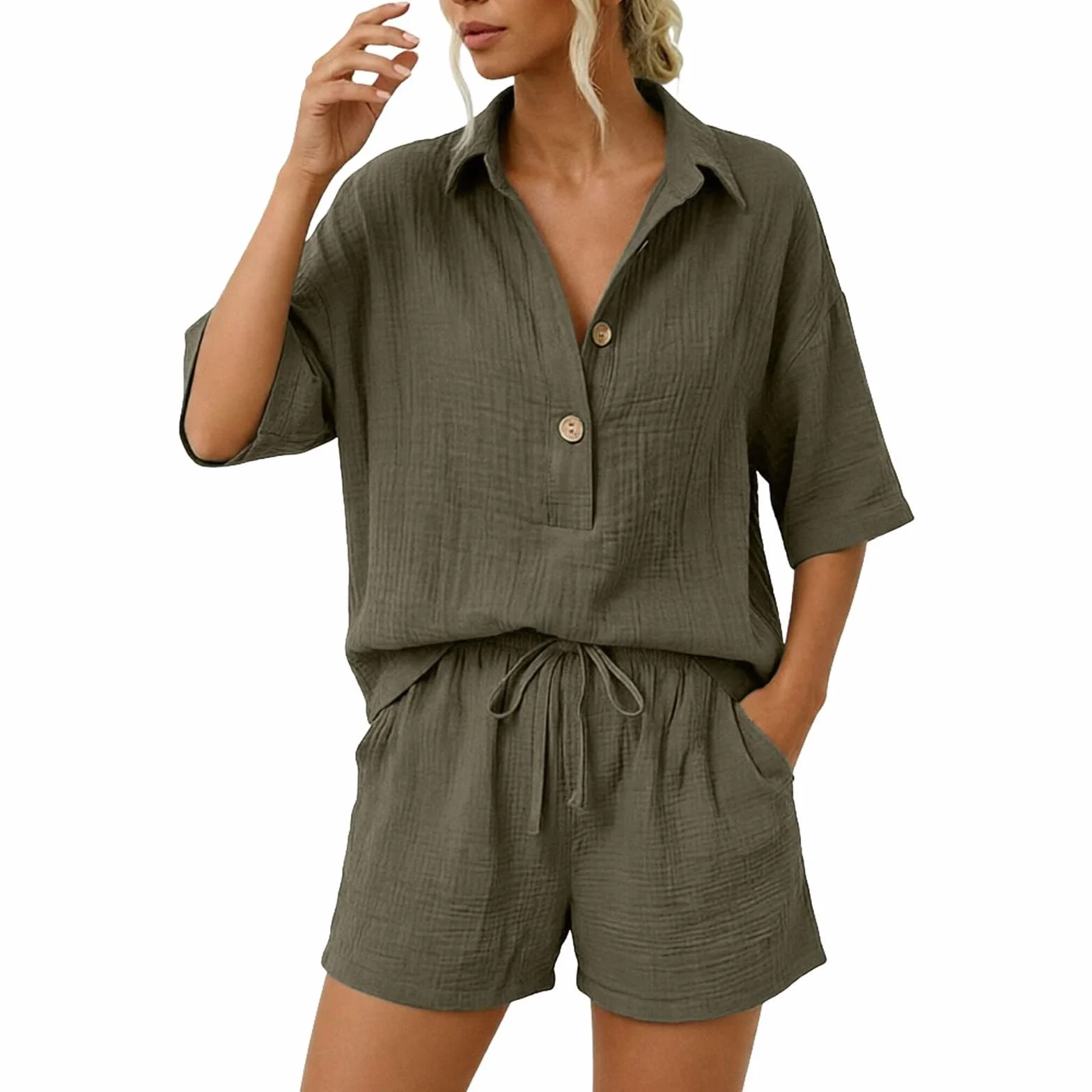 Genérico Conjuntos Mujer Verano Casual Dos Piezas Pantalon Cortos y Blusa Elegante Conjunto Lino Chándal Camisa Manga Corta Conjunto de Verano Ropa de Playa Chandal con Bolsillos