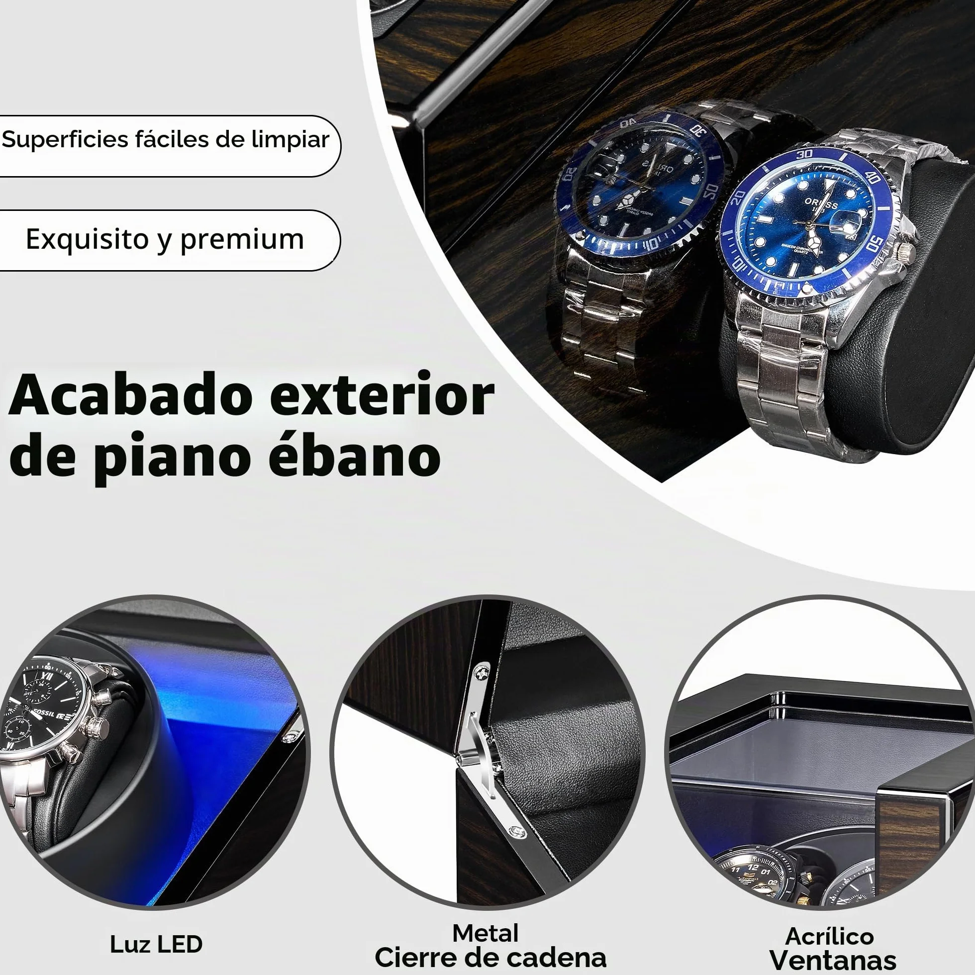 ANWBROAD Cajas Giratorias Para Relojes Automáticos, Nueva Caja Giratoria Para Relojes Automáticos con Acabado Lacado Piano, Caja Giratoria con 4 Modos de Rotación, Motor Silencioso, JWW001E