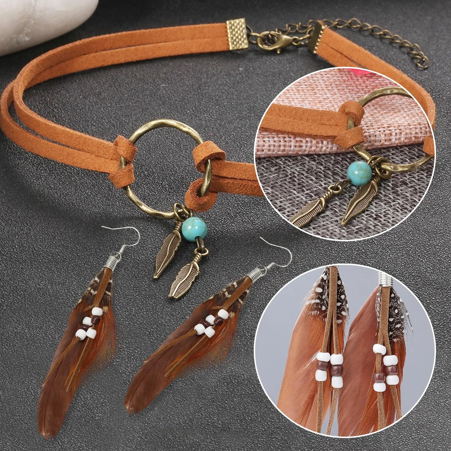 Booaee Disfraz de indio vintage boho para mujer, 12 unidades, accesorios indios, tocado indio, pluma, diadema, pendientes, collar de piel, pulsera turquesa, anillos para carnaval y más