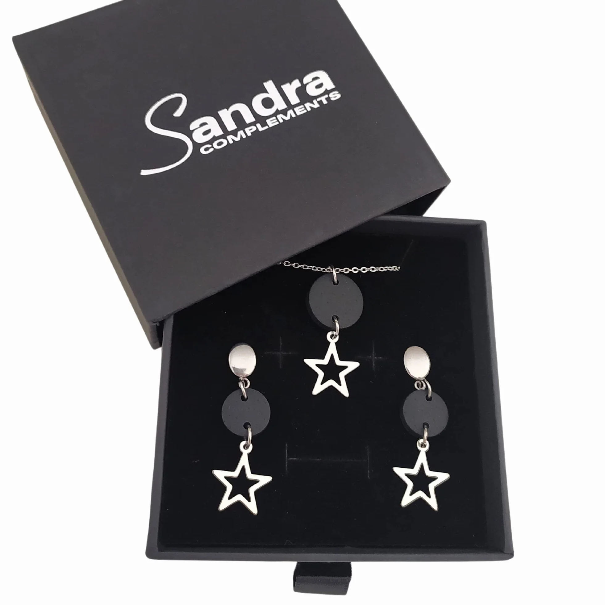 Pendientes estrella y Collar Estrella, Conjunto Estrella de collar y pendientes para mujer de acero inoxidable en color plata, Regalo original para Mujer