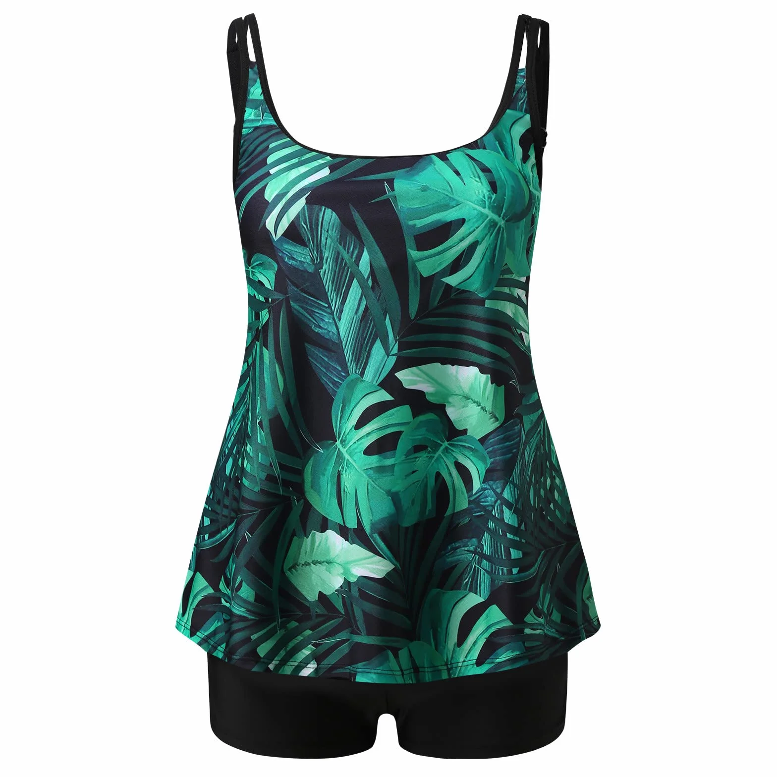 AI 2024 - Trajes de baño de dos piezas con estampado tropical cian con tirantes anchos para mujer, trajes de baño de dos piezas, camisetas sin mangas de torso largo con pantalones cortos para mujer,