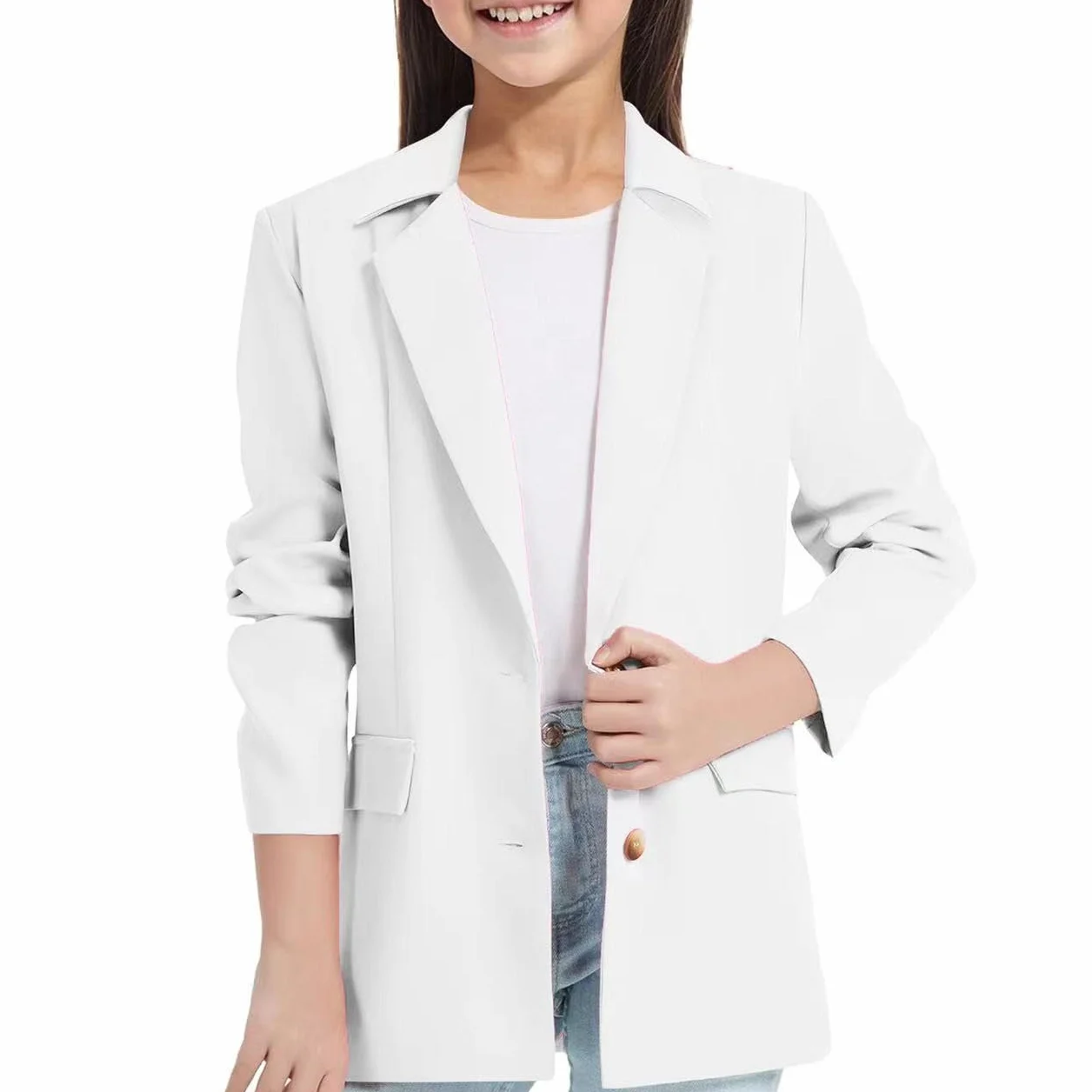 Chaqueta de chal, chaqueta de manga larga con solapa para niñas, chaqueta de traje formal para reuniones formales, presentaciones escolares, #02 Blanco, 150
