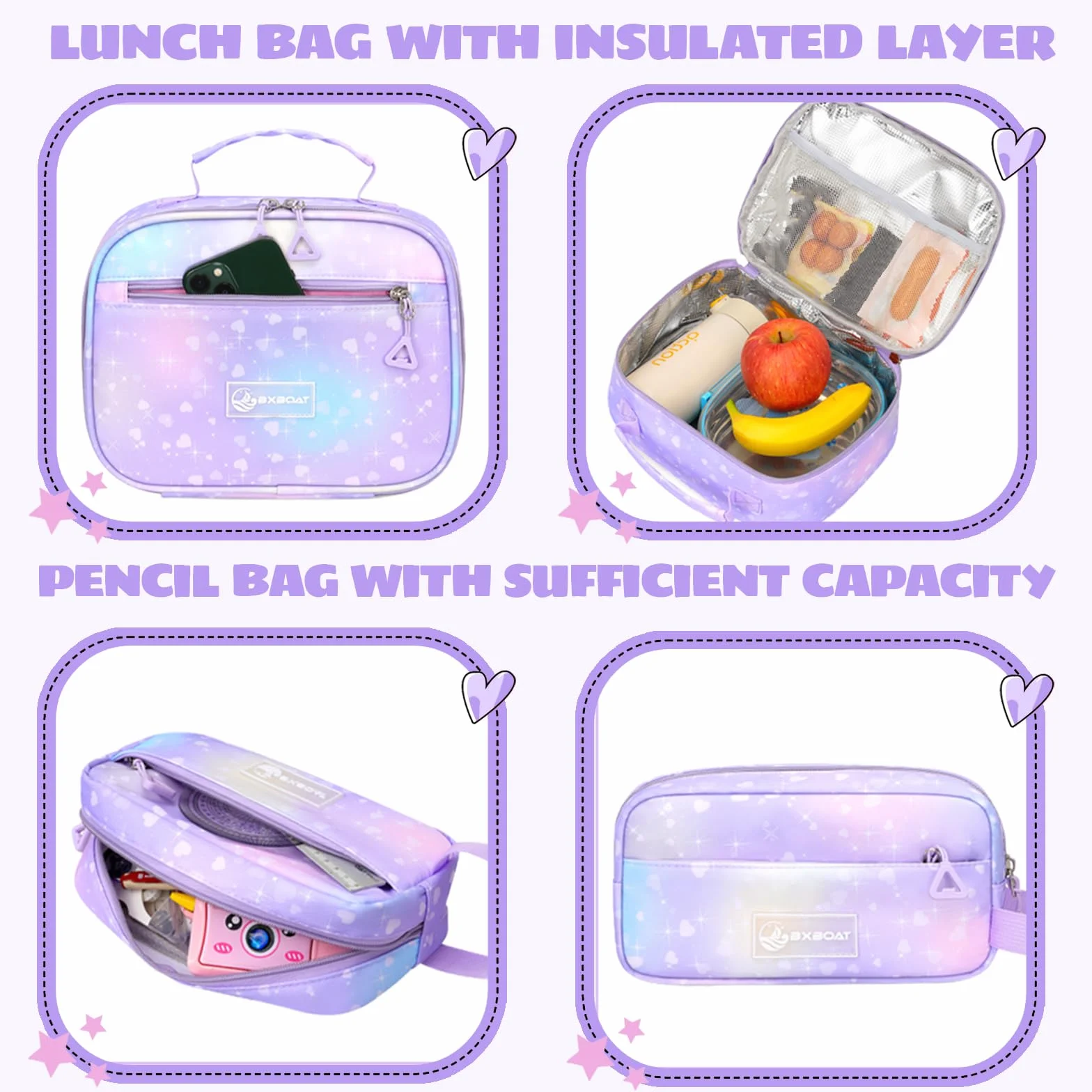 Amythe Mochila Escolar Niña Primaria 3 Piezas, Mochila para Niñas y Bolsa de Almuerzo 7 a 12 Años, Mochilas Escolares Chica Impermeable e Ligera, Morado
