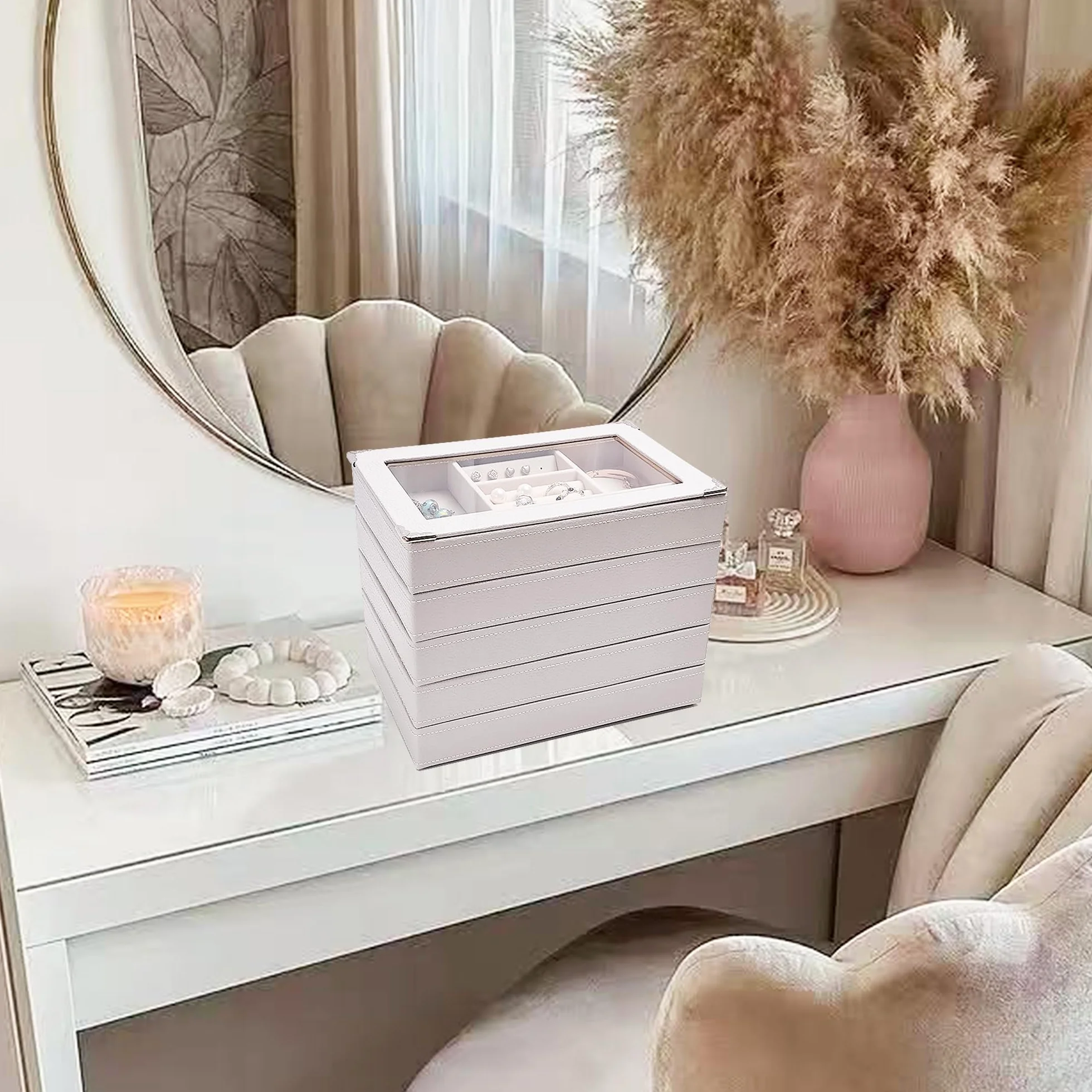Bandeja organizadora de joyas apilable de 5 capas con tapa transparente, bandeja de exhibición de joyas para cajón, joyero grande para tocador (gris claro, Cinco capas de tapa de separación)