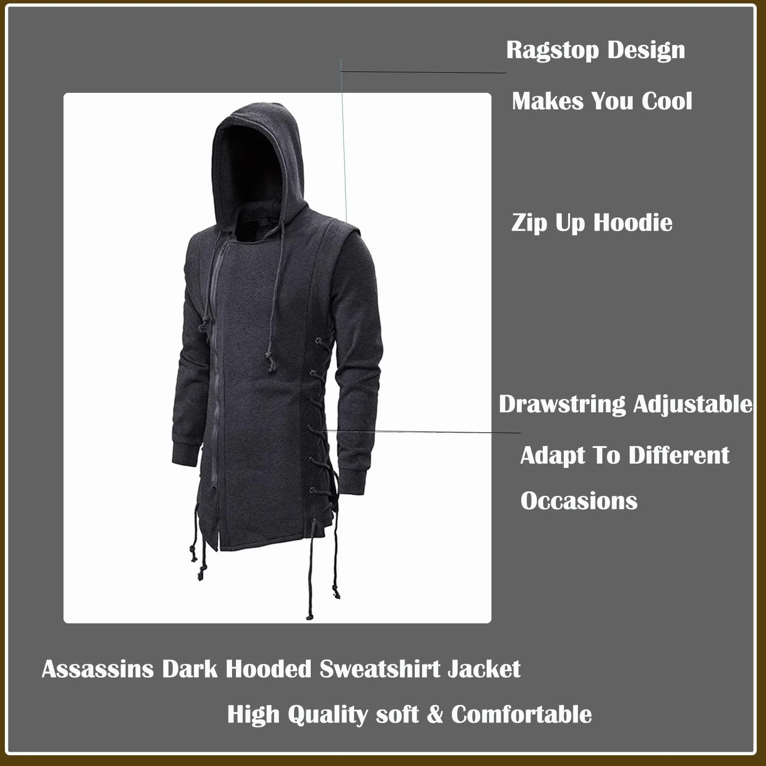 JMSUN Assassin - Sudadera con capucha para hombre, estilo gótico, asimétrico, cremallera lateral, con cordones laterales, forro polar