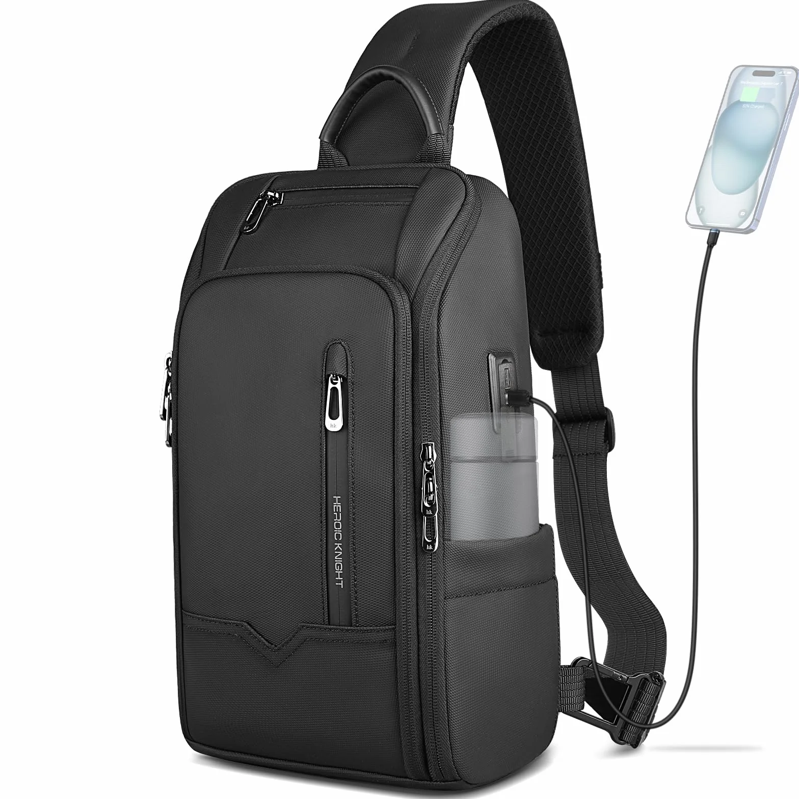 Bolso Bandolera Hombre con Puerto USB, Antirrobo e Impermeable, Bolsa de Pecho Mochila de Hombro Cruzada con Múltiples Bolsillos para Viaje Trabajo y Uso Diario – Negro