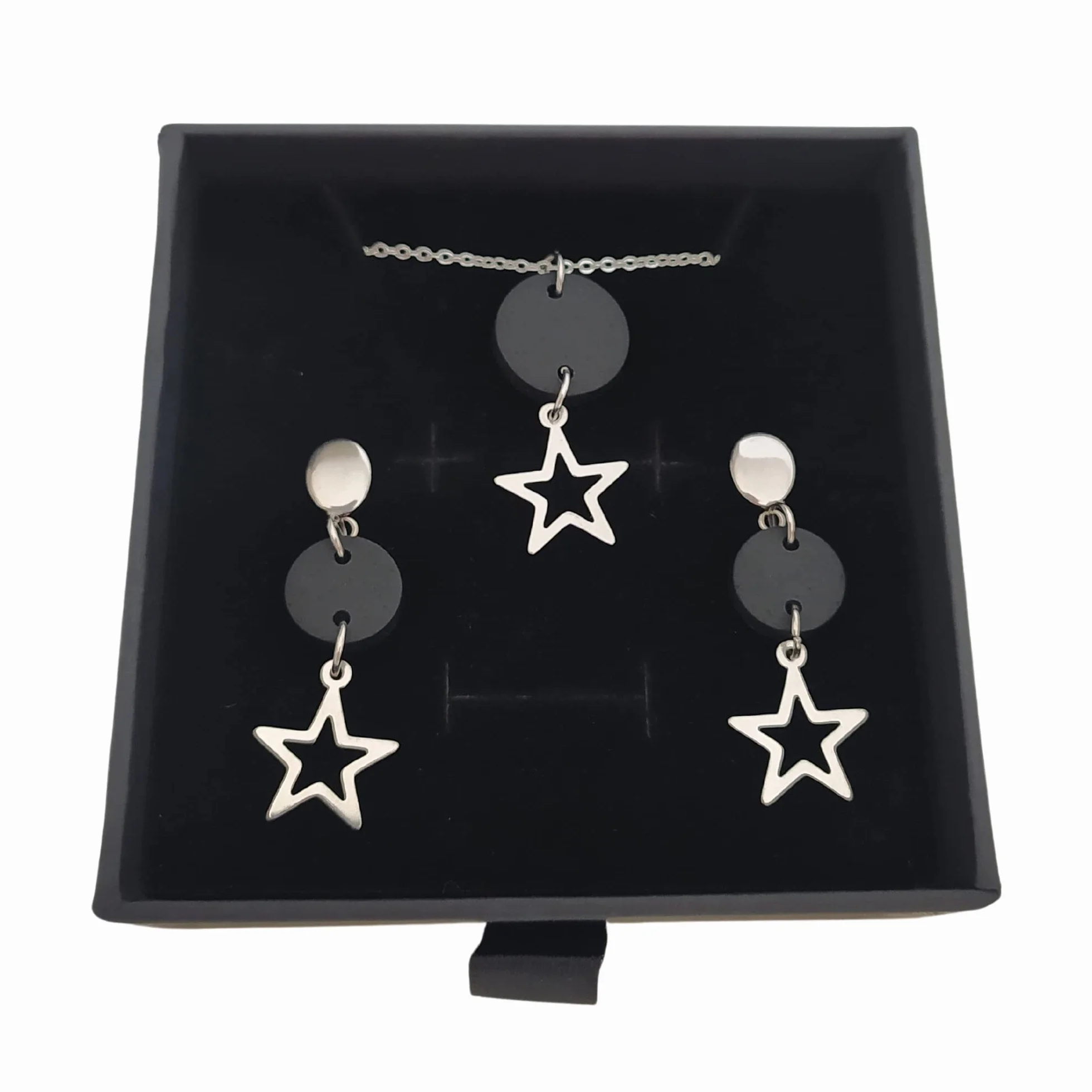 Pendientes estrella y Collar Estrella, Conjunto Estrella de collar y pendientes para mujer de acero inoxidable en color plata, Regalo original para Mujer