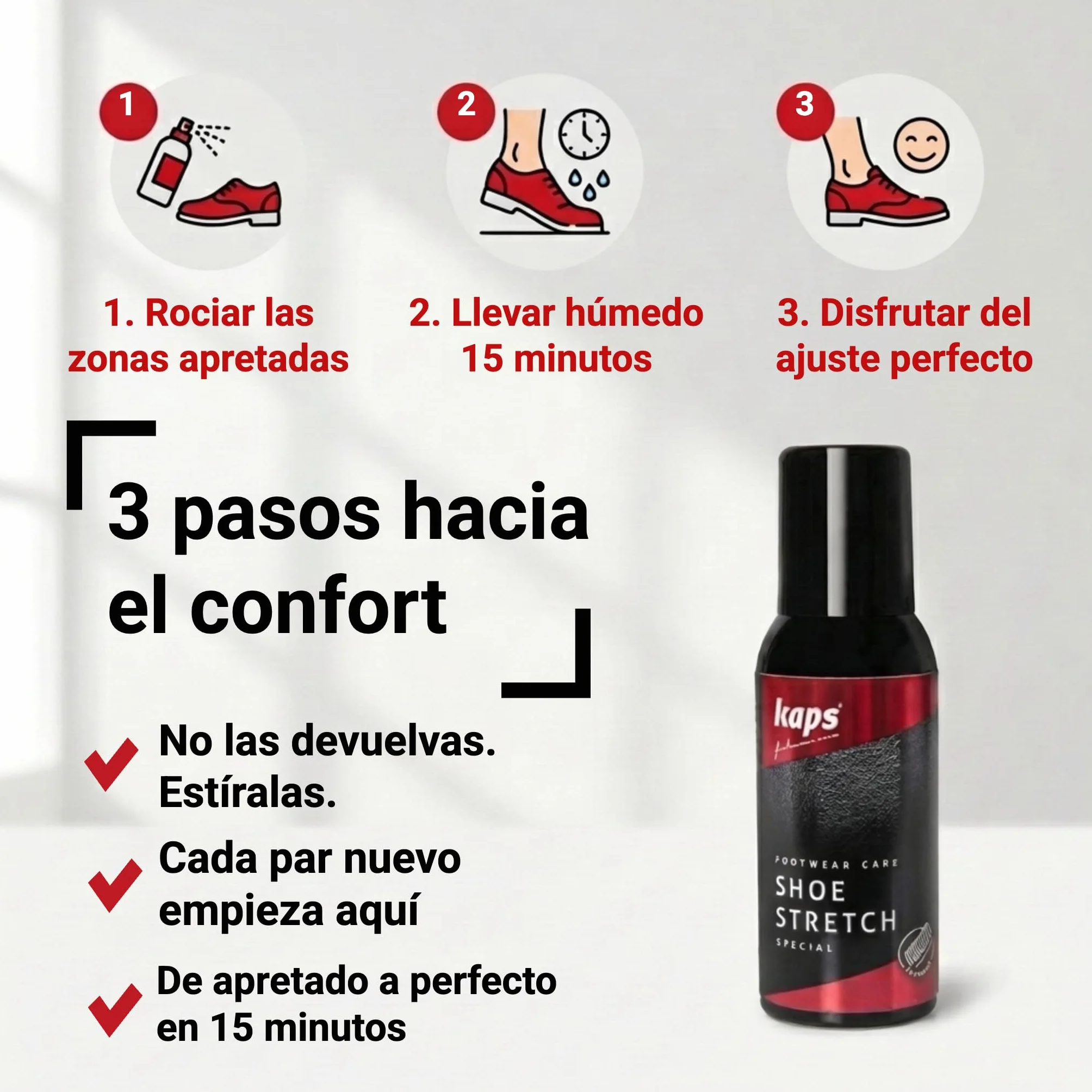 Kaps Spray Dilatador Espuma para Zapatos de Piel - Ablanda Zapatos Rígidos y Elimina Puntos de Presión - Estirador de Botas - Ideal para Calzado Nuevo