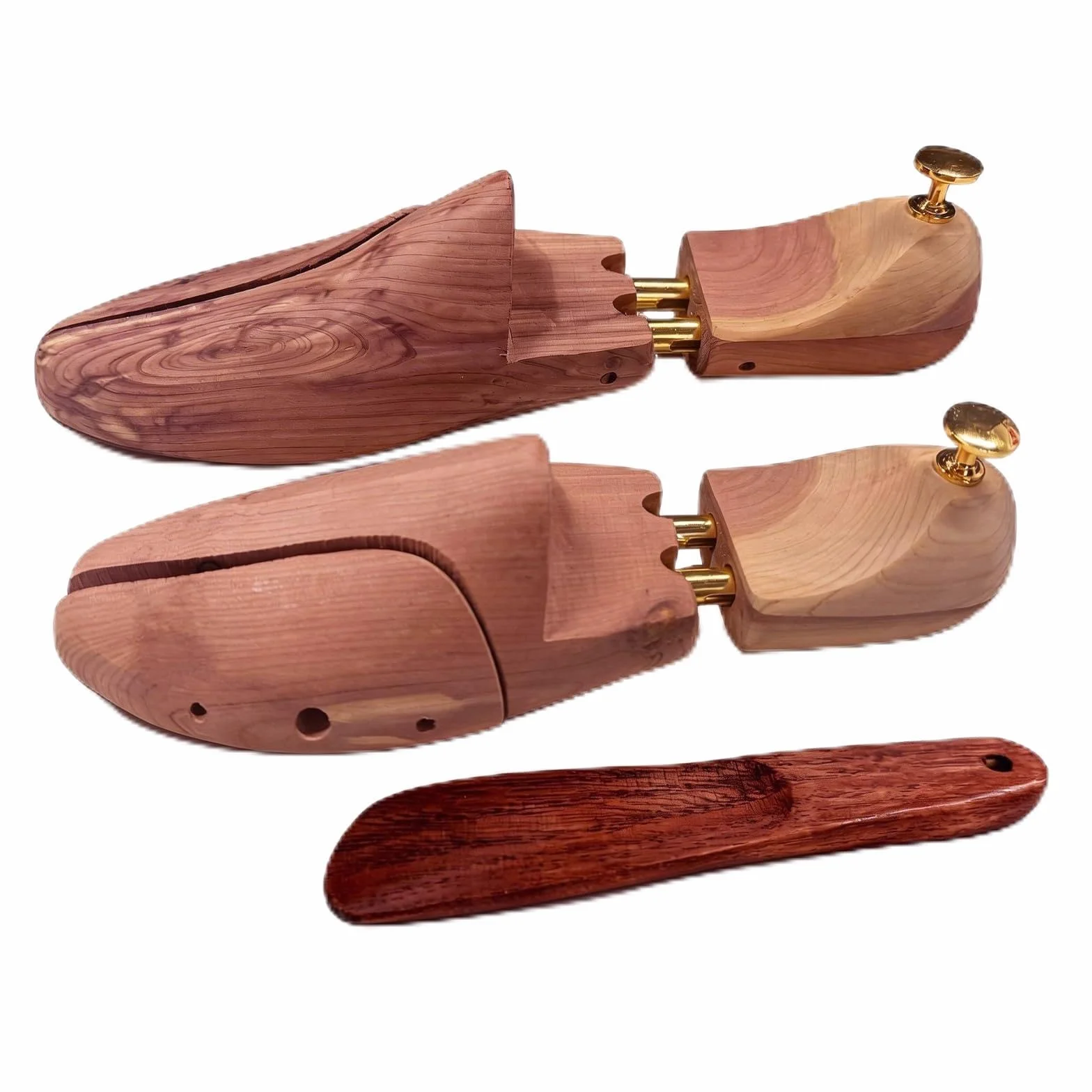 Juego de tensor de zapatos de madera de cedro + calzador – moldeador de zapatos ajustable de madera de cedro, 1 calzador de zapatos de material de alta calidad para el cuidado y secado de