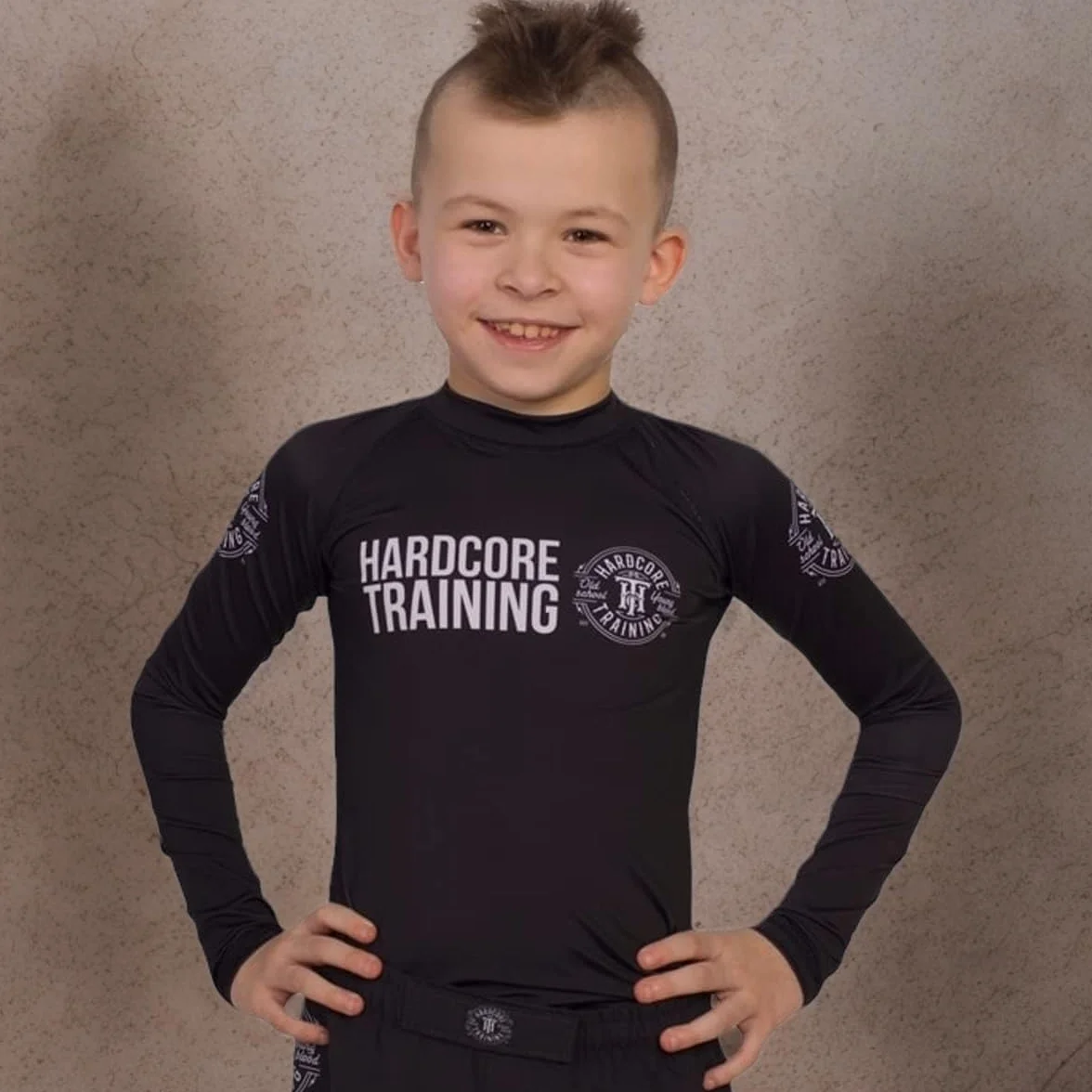 Hardcore Training Kids Rash Guard Camiseta de Compresión para Niños Unisex Manga Larga Artes Marciales BJJ Fitness Boxeo Ropa Deportiva
