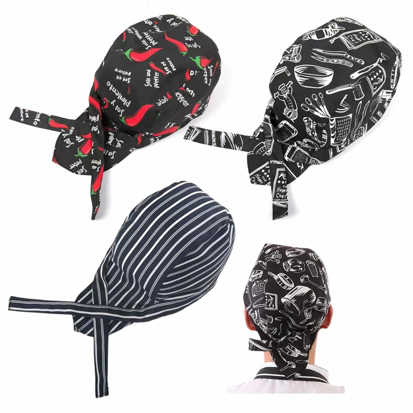 3 Gorros de Cocinero Ajustable Gorro de Panadero Neutro Gorro Cocinero Guindilla Cubiertos Rayas Azules y Blancas para Cocina Hotel Restaurante Barbacoa