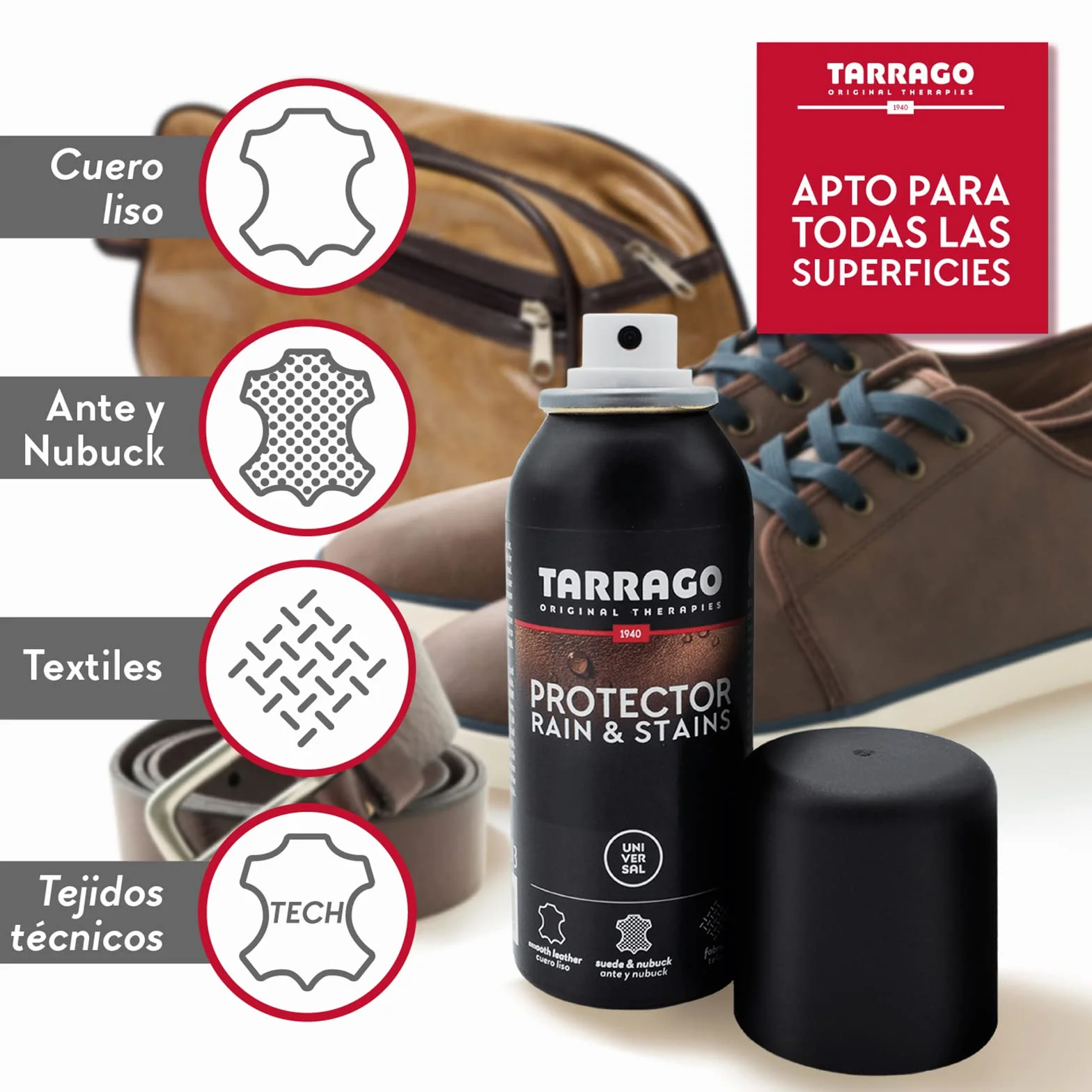 Tarrago Protector Universal 100 ml – Spray Impermeabilizante Invisible para Calzado y Prendas | Cuero, Ante, Nobuck y Textiles | Repele Agua y Suciedad | Mantiene la Transpirabilidad | Incoloro
