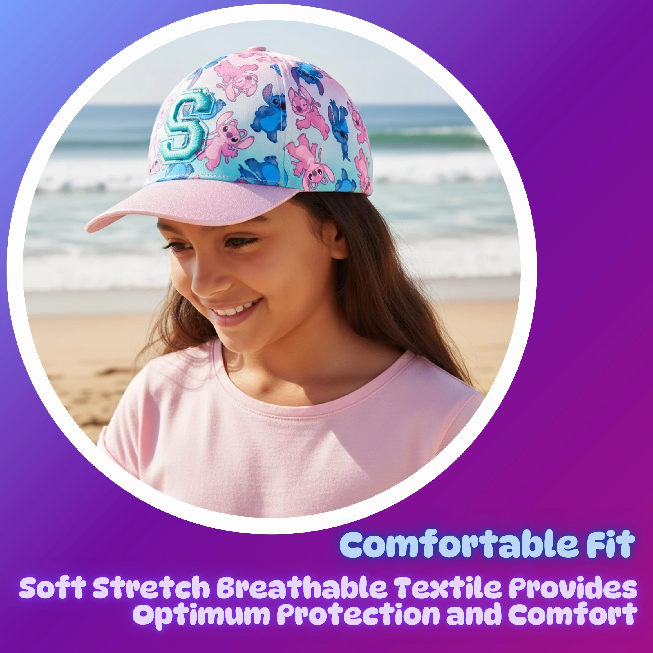 Disney Stitch y Angel Gorro para Niñas, Gorra de Beisbol Purpurina 3D, Gorra de Verano Infantil