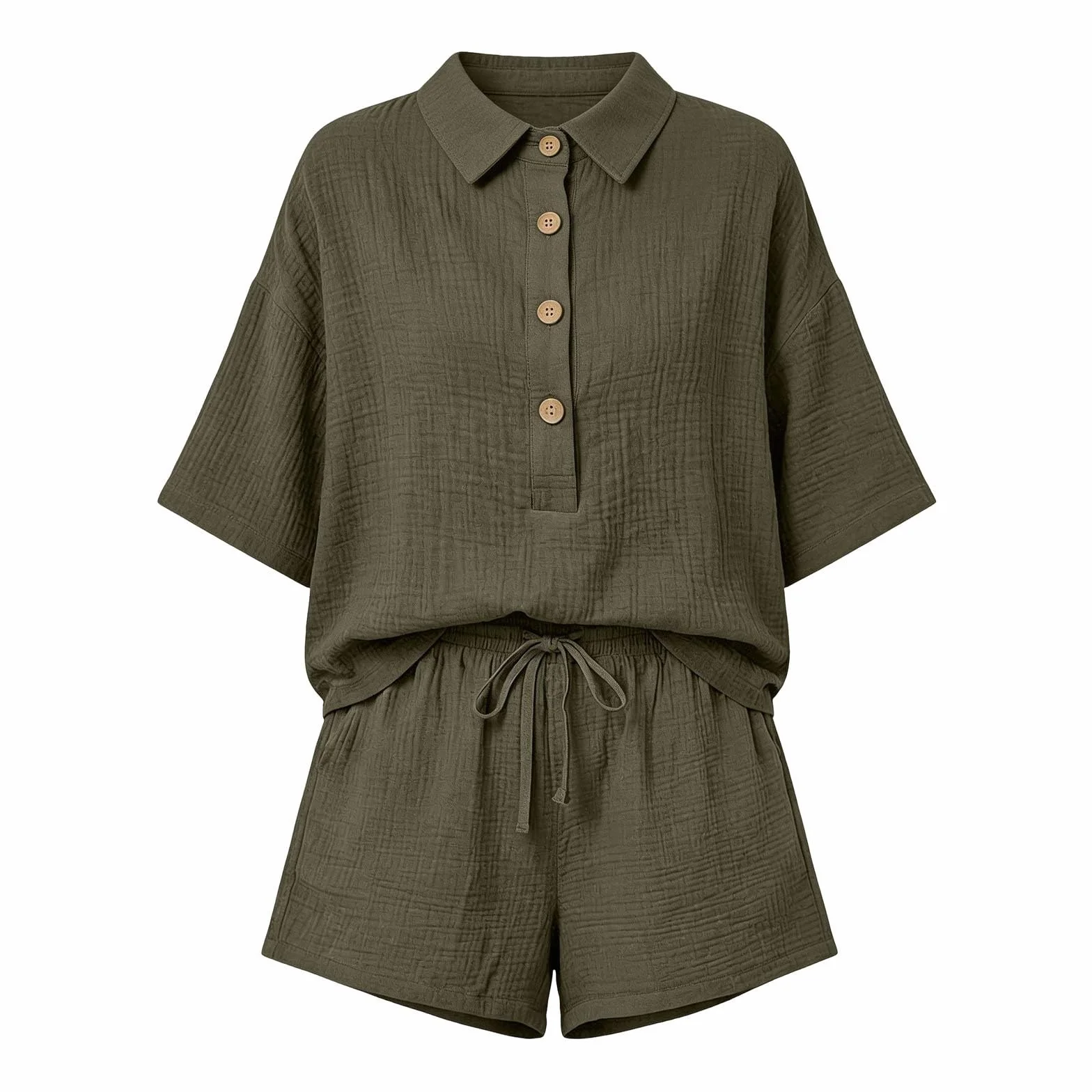 Genérico Conjuntos Mujer Verano Casual Dos Piezas Pantalon Cortos y Blusa Elegante Conjunto Lino Chándal Camisa Manga Corta Conjunto de Verano Ropa de Playa Chandal con Bolsillos