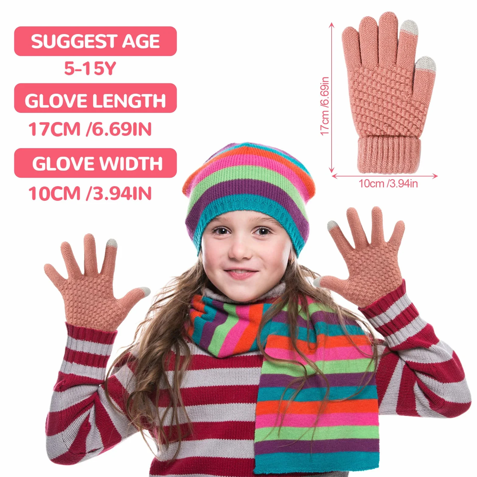 TAGVO Guantes de Punto para Niños Pequeños - 3 Pares de Invierno Con Dedos Completos para 5-15 Años - Elásticos Mitones